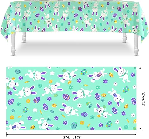 Miniatura 2 de ELECLAND Mantel de Pascua de plástico para mesa de huevos de Pascua, 53.9 x 107.9 in, mantel rectangular de conejo de Pascua, cubierta de mesa para