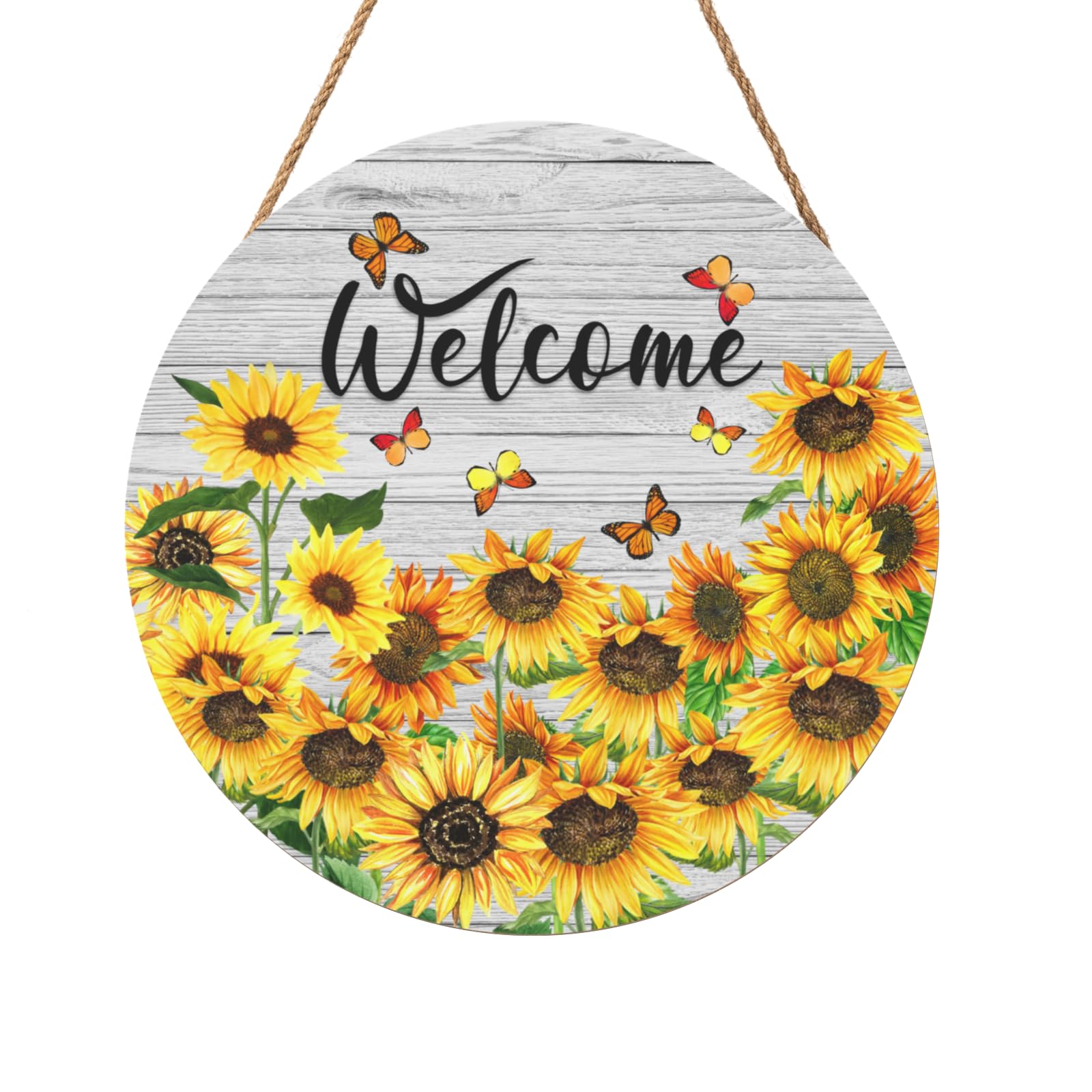 Summer Sunflower Welcome Door Hanger Floral with Butterflies Signs for Front Door Wooden Hanging Door Sign for Outdoor Garden Porch Wall