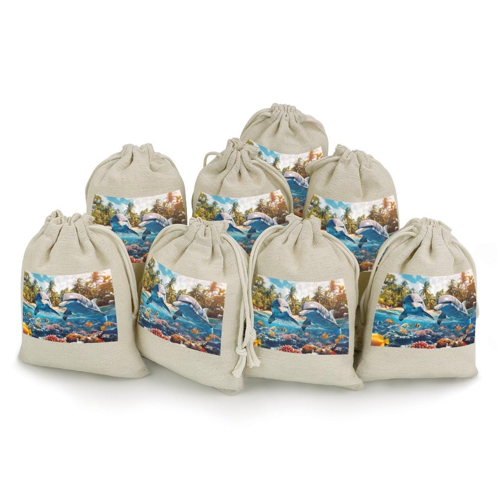 Two Dolphins Underwater Scene 8 Pack Small Gift Bags Cotton And Linen Drawstring Pockets Sachet Bag for Party Home Supplies