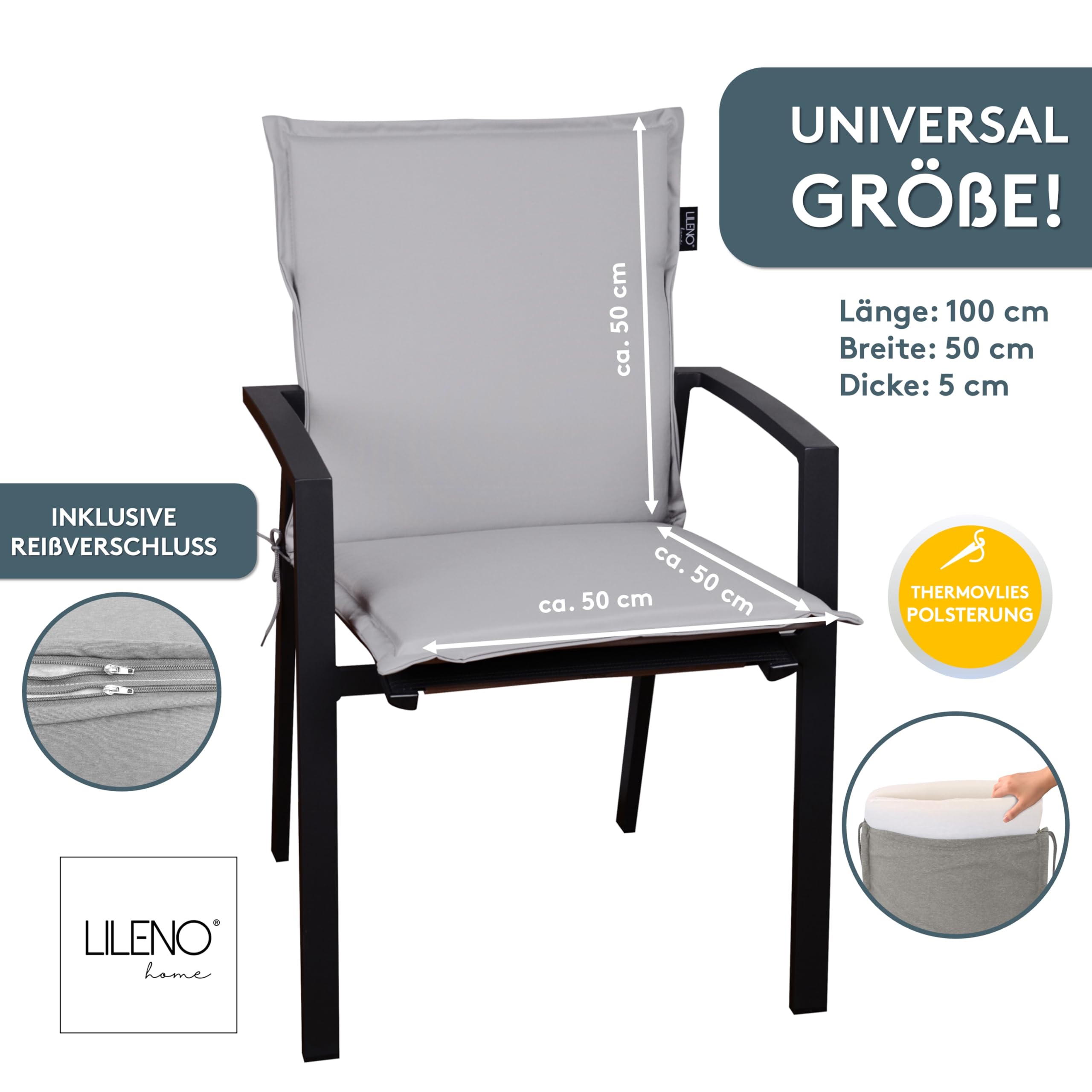 LILENO HOME MIA - Set di 4 cuscini per sedia da giardino, supporto per schienale basso, colore: grigio, comodi cuscini per sedie da giardino per mobili da giardino