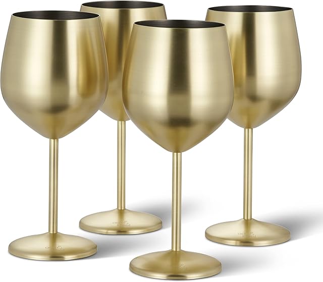 Oak & Steel - 4 Elegant Stainless Steel Balloon Gold Wine Glasses, 540ml - Unbreakable Wine Goblet Glass Gift Set for Valentines Wedding Anniversary Birthday Party