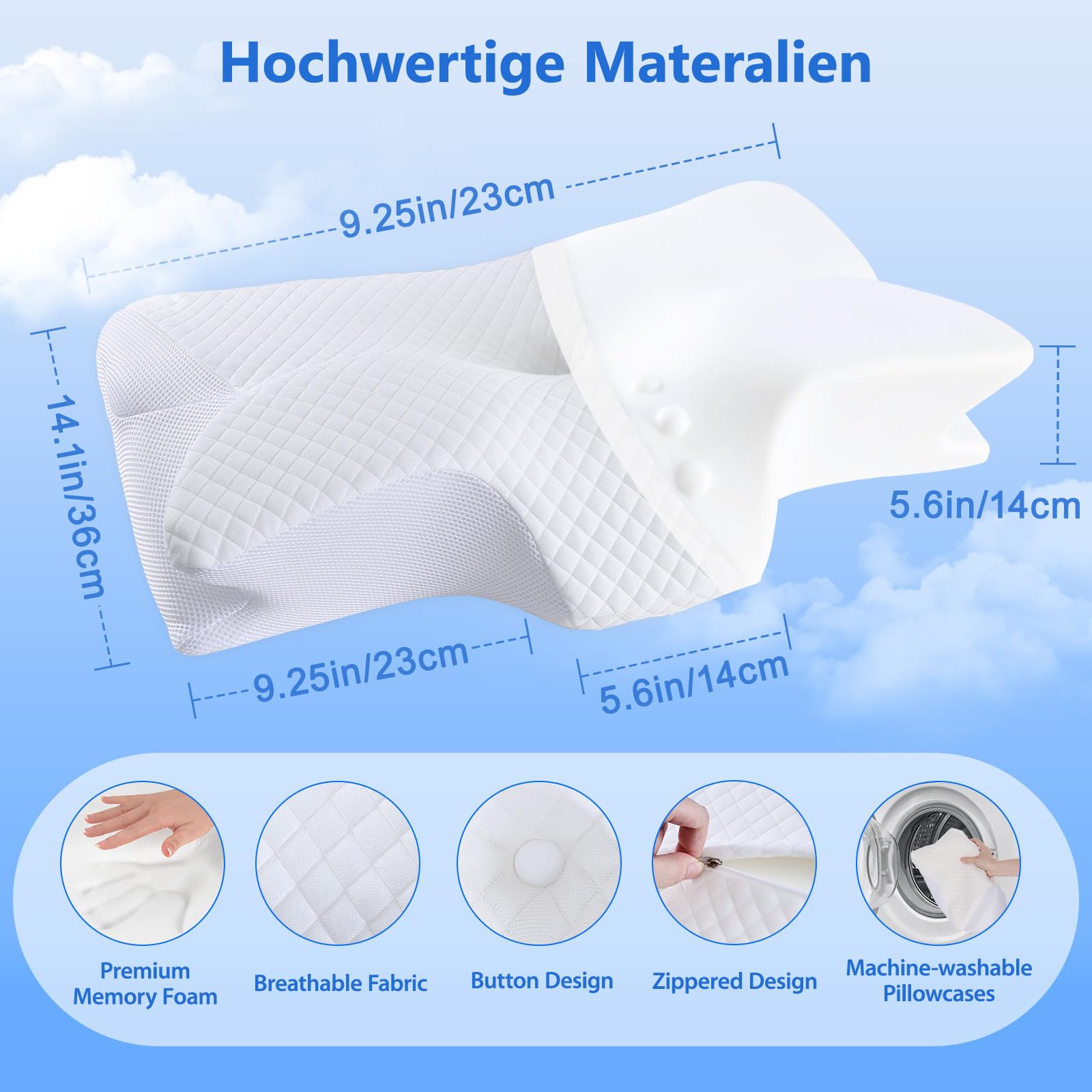 Teemour Oreiller Ergonomique Cervical à Mémoire de Forme, Design 2 en 1 Oreiller, Coussin Cervicales Support Adapté pour Dormeurs sur Le Côté, Le Dos et Le Ventre, Taille 60 x 37 x 9/13cm, Blanc