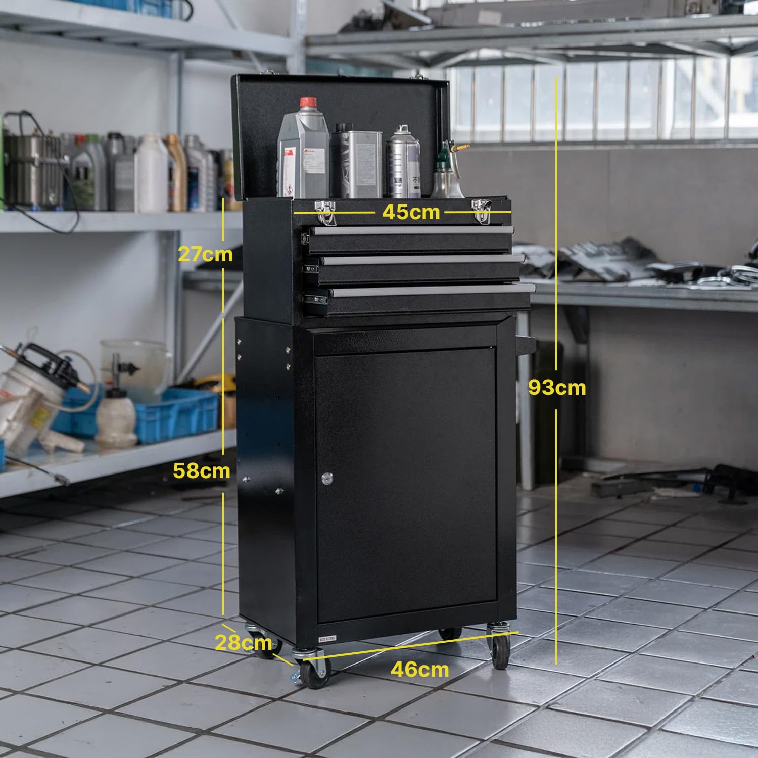 DAIMANN Carrello Porta Attrezzi Officina in Metallo - Banco da Lavoro Mobile con 3 Cassetti Scorrevoli e Armadietto con Serratura - 4 Ruote Girevoli e Maniglia Ergonomica - Organizer per Garage