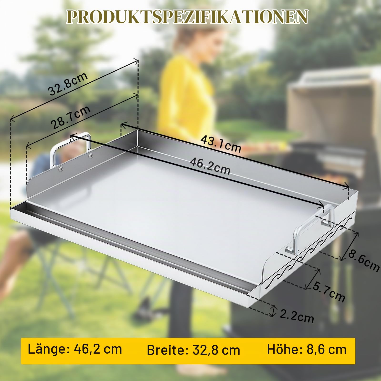 Plancha Grillplatte Edelstahl 51x32x7cm, Grillplatte Gasgrill für Holzkohle Grillwagen & Gasgrill, Antihaftbeschichtung, Fettwanne & Stabiler Aufbau