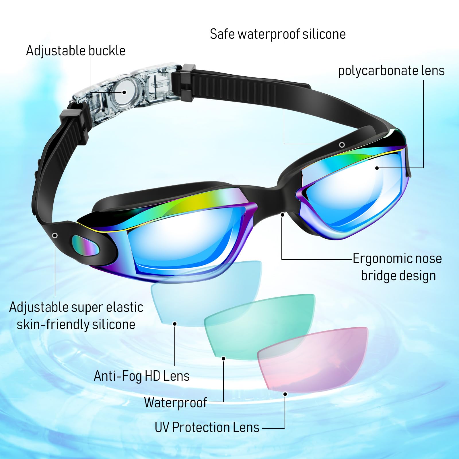 Flutesan Schwimmbrille aus Silikon, verstellbar, beschlagfrei, mit Nasenklammer und Ohrstöpseln für Erwachsene, Herren, Damen, Jugendliche, Wasserpool, Schwimmen, 3 Farben (stilvolle Farbe), 3 Stück