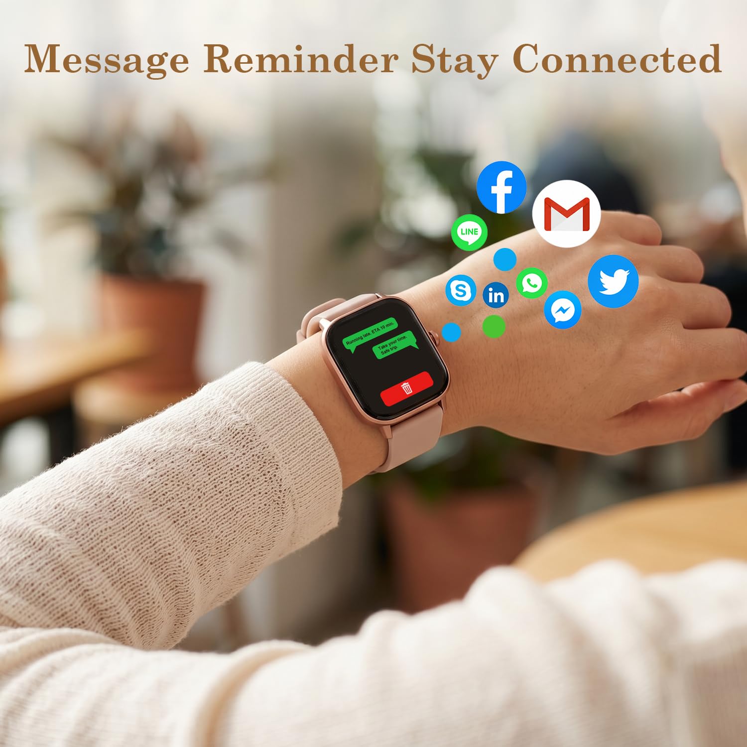 Condition photo showing New/Like New for pink smart watch for women android & iphone, 1.83" hd touchscreen, 24/7 heart rate, sleep & fitness tracker, answer/make calls/100+ sports modes/message reminder, ip68 waterproof, pedometer, 2 bands