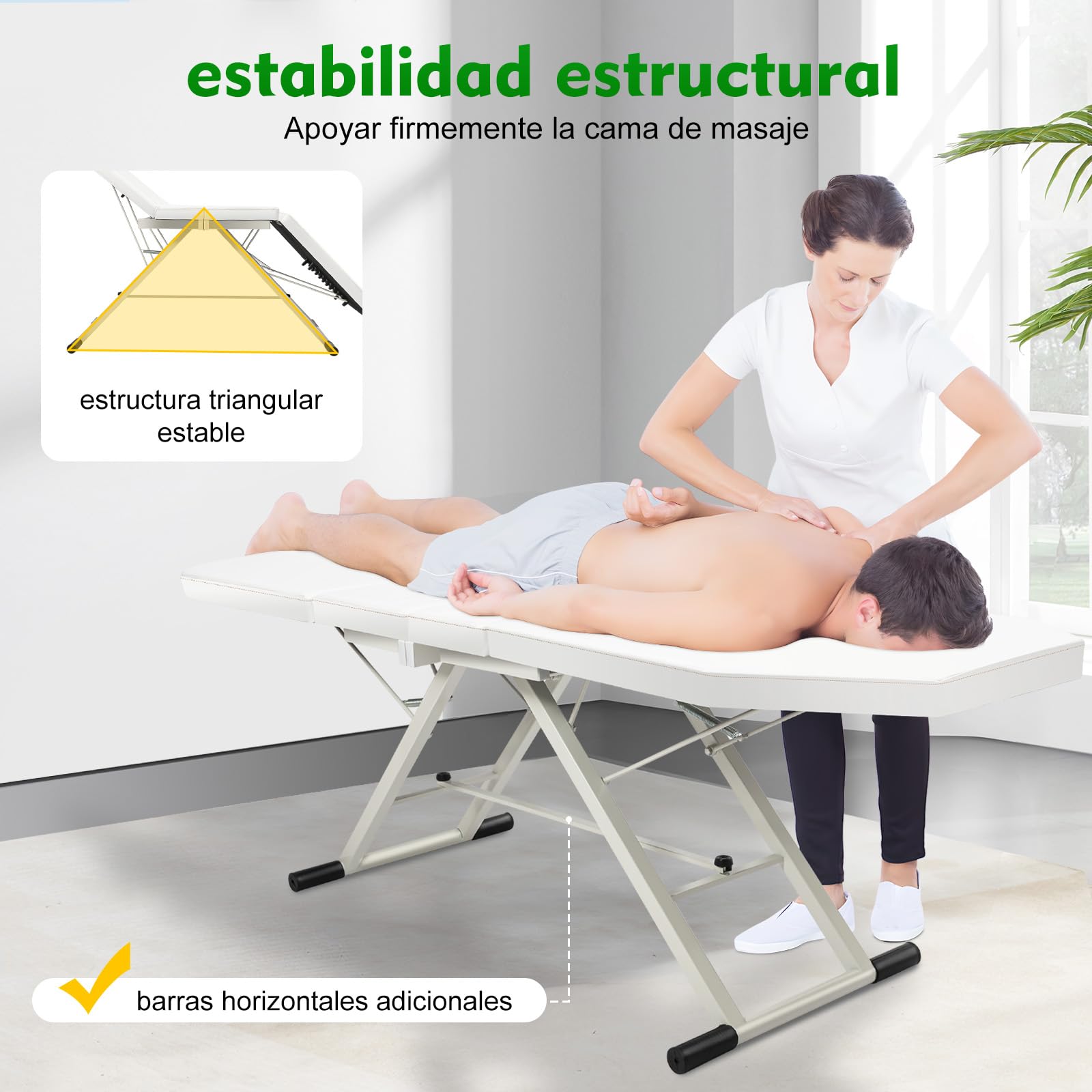 Camilla de masaje portátil plegable con 3 zonas con reposacabezas, mesa de masaje ajustable de acero, capacidad de carga 250 kg, para spa salón de belleza tatuaje, cama plegable (blanco)