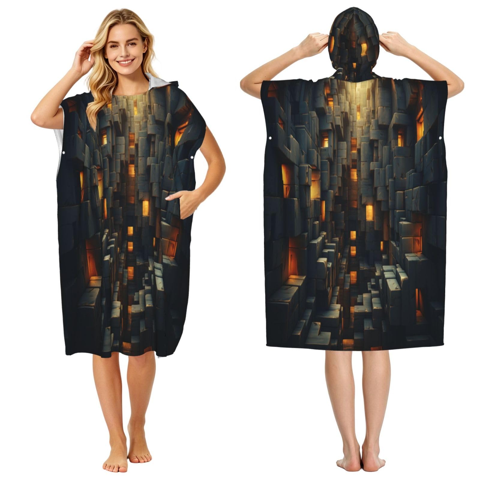 DTHKJNLSF Cubic Space Night Adult Hooded Beach Poncho Towel