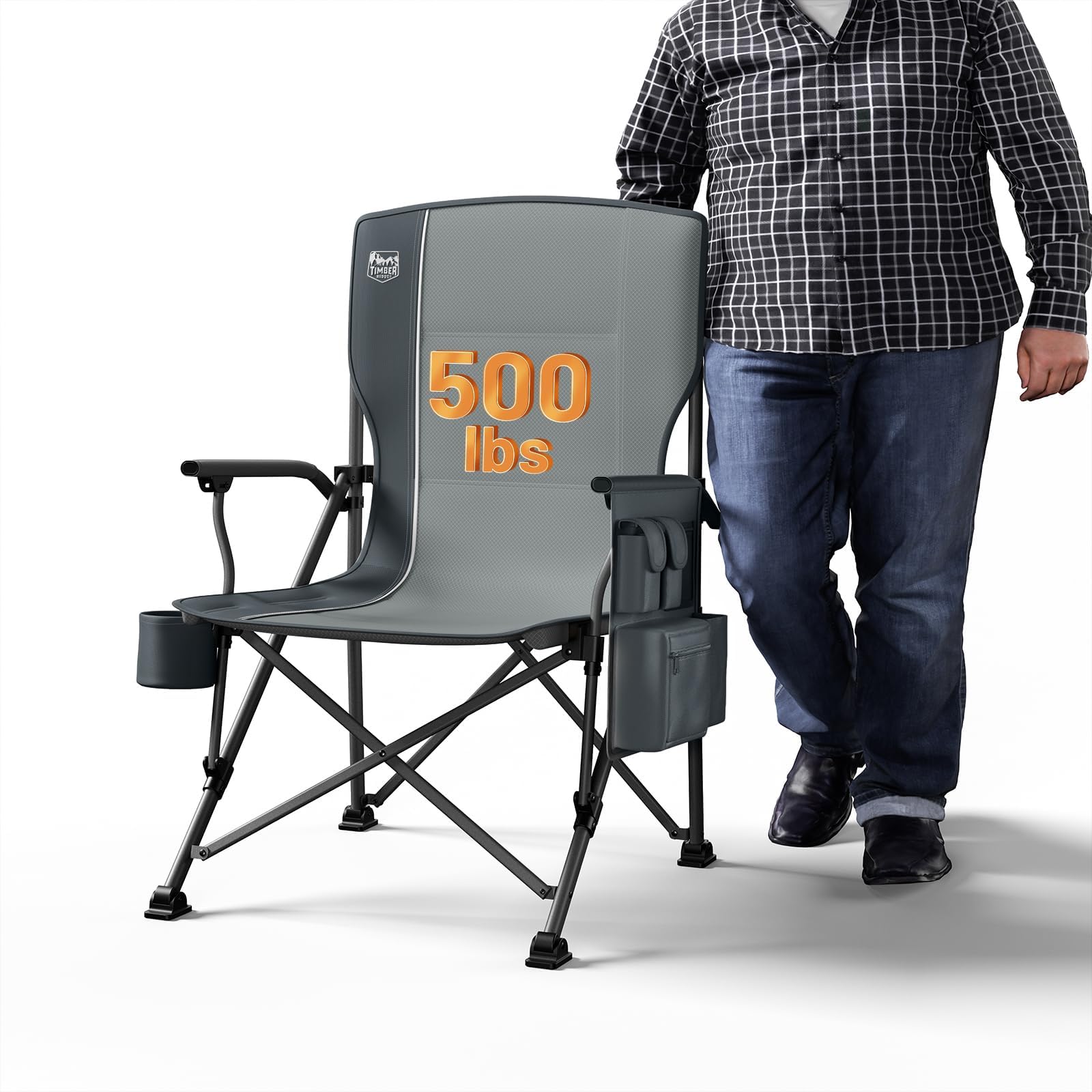 TIMBER RIDGE Camping Chair Foldable XXL 230 kg Load 62 cm Seat Width Oversized Folding Chair with Drink Holder Cool Bag High Backrest Chair for Camping Picnic Garden Beach Balcony Grey