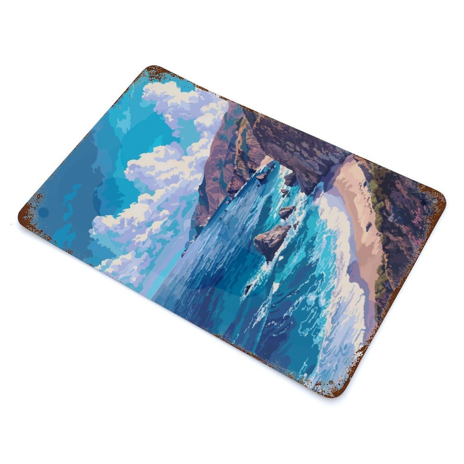 California Beach Pixel Rusty Metal Tin Sign 11.8"x7.9", for Basement, Hobby Room And Garage Decor, Retro Wall Decor