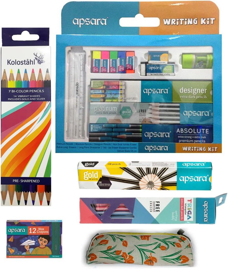 Apsara Triga Pencil With 10 Apsara Gold Pencil,1 Apsara Writing Kit, 1 Set of Apsara 12 Wax Cryons &1 Set of Kolostahl 12 Bi Colour Pencils(Combo)