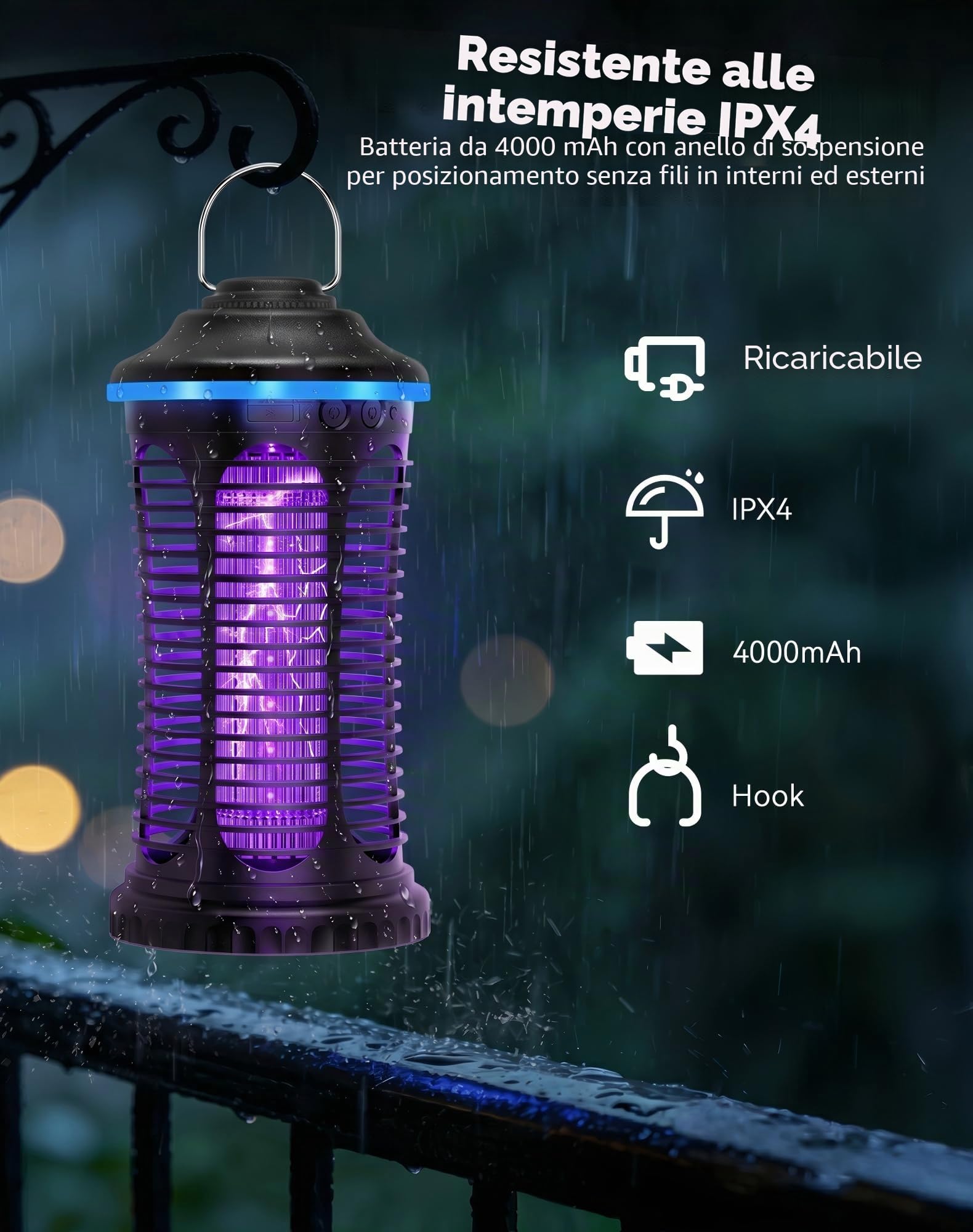 Lampada Antizanzare Elettrica, 4000mAh Zanzariera Elettrica, Trappola per Mosche per Insetti Ricaricabile USB Portatile per Casa, Cucina, Giardino, Campeggio