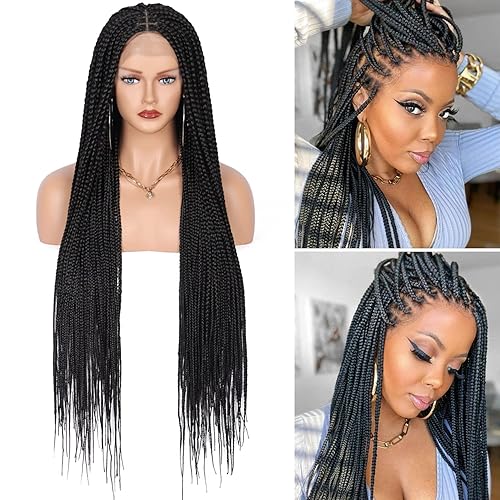 Fecihor Pelucas trenzadas de 36 pulgadas con doble encaje frontal, sin nudos, trenzas de Cornrow con encaje frontal, pelucas sintéticas negras