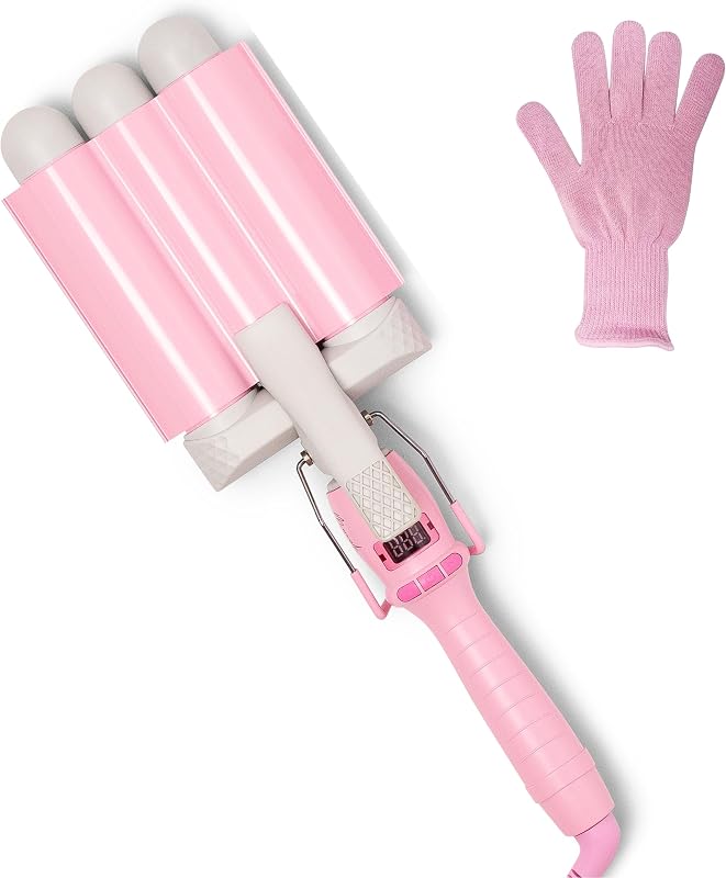 Mermade PRO Hair Waver 1.25" - 3 Barrel Curling Iron 1 1/4 Inch, Ceramic Barrel Waver Tool for Thick, Thin, Long, or Short Hair - 1.25", Pink with Glove