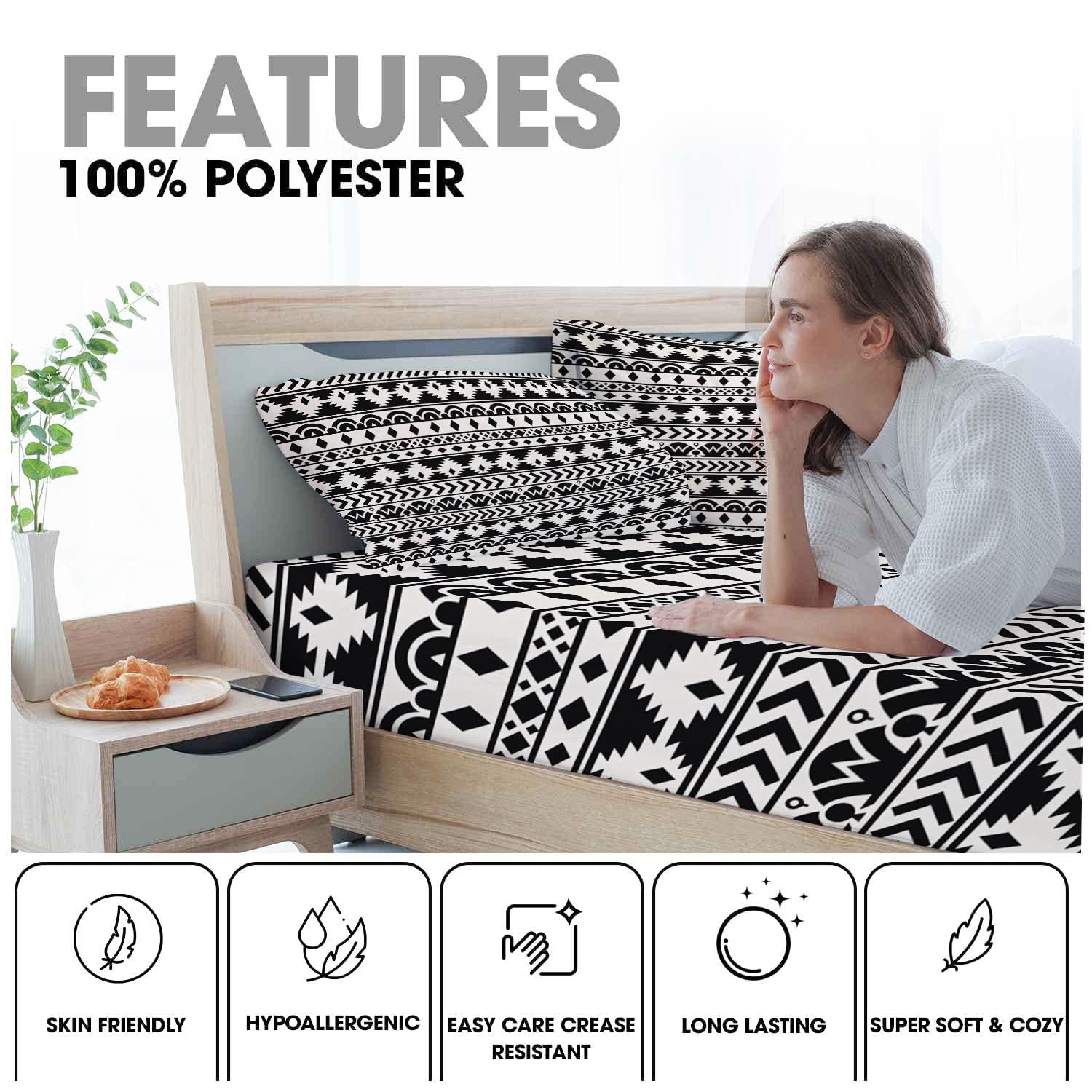 Sábanas 200X190/200Cm - Juego De Sábanas 3 Piezas Estampadas Geométrico De Diamante - Microfibra Suave Transpirable - Sábana Bajera Ajustable - Ropa De Cama Bohemio Tradicional (Blanco Y Negro)