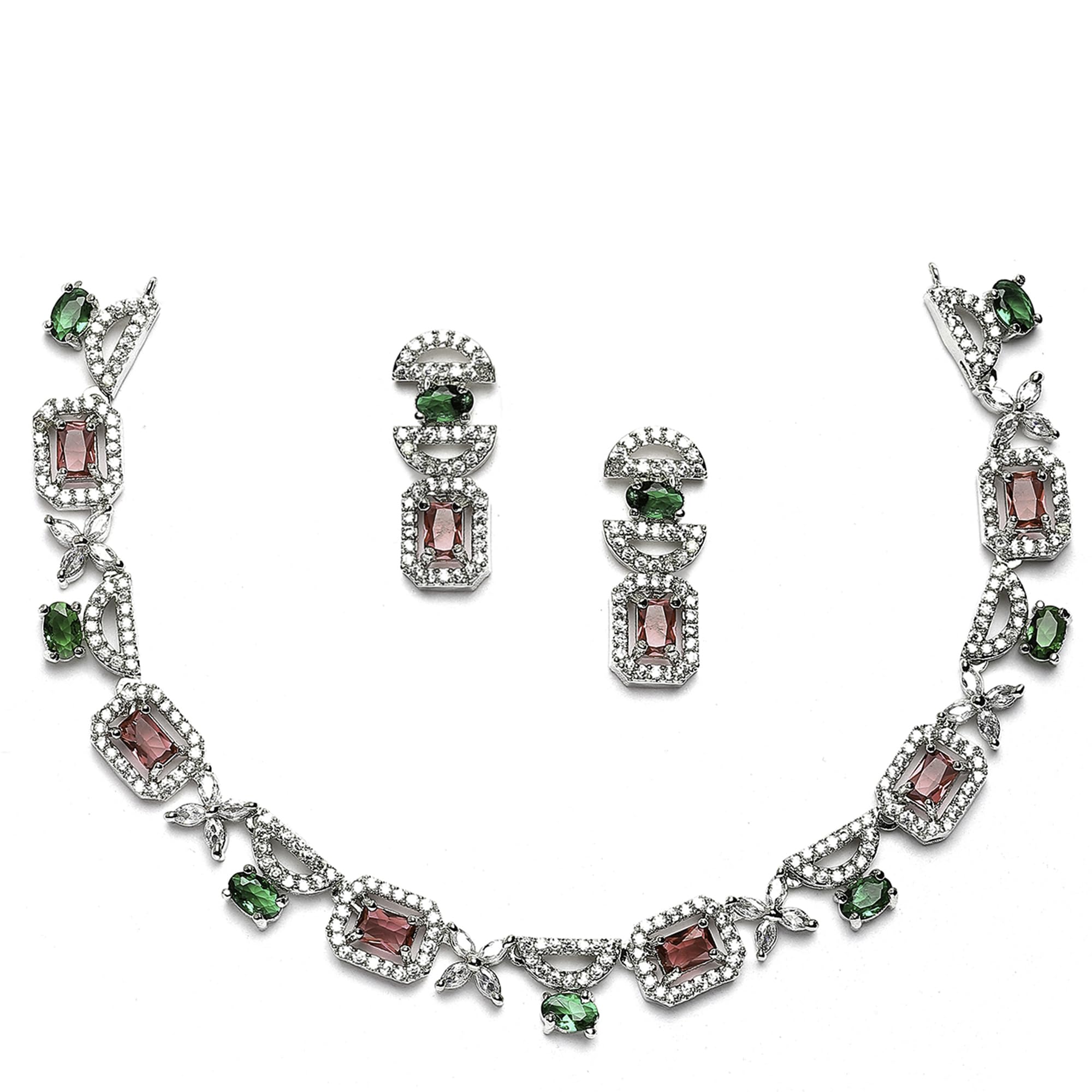 ZENEME Rhodium-Plated American Diamonds Studded Boxy Necklace With Earrings Jewellery Set For Girls and Women (Green & Red) (B0CGSGP3RQ) Amazon Price History, Amazon Price Tracker