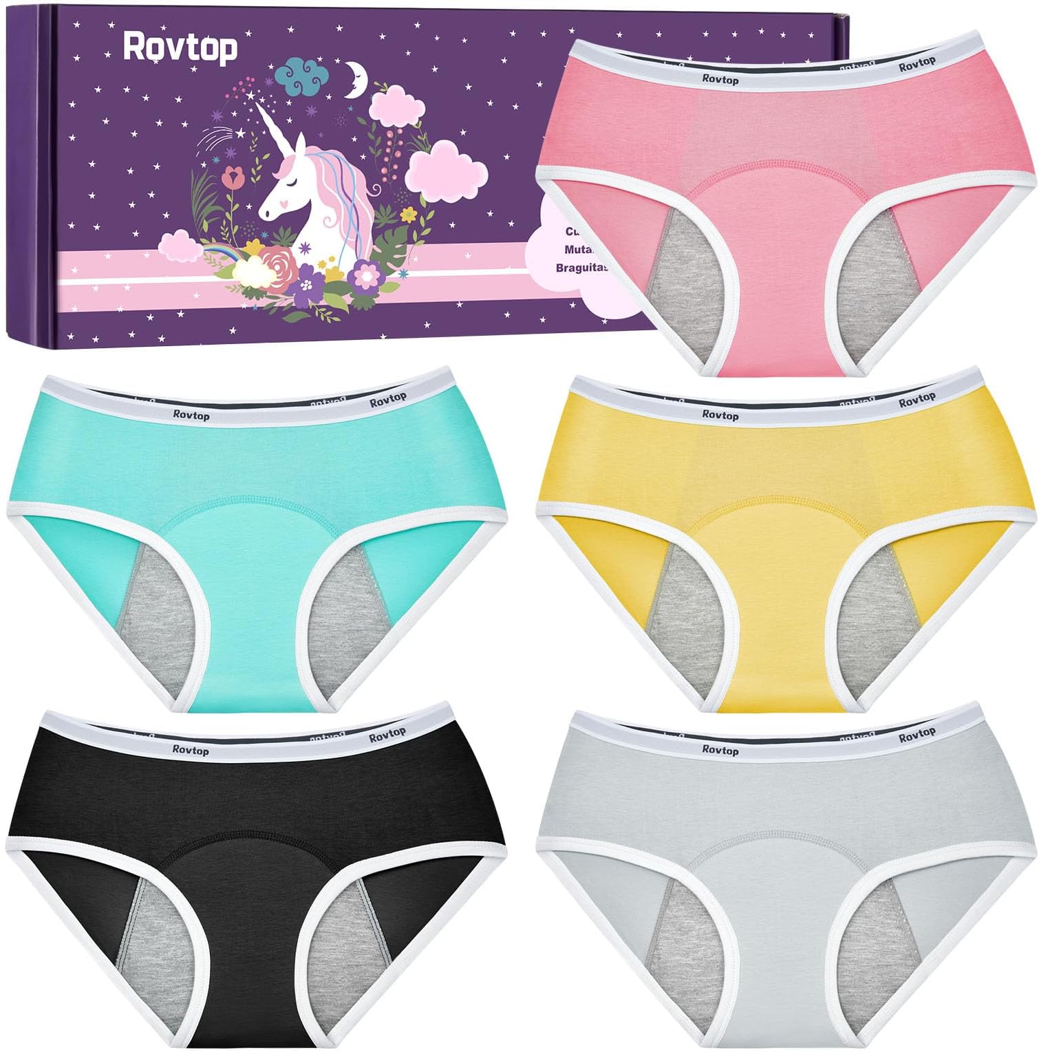 RovtopGirls Menstrual Period Pants Teenager, Kids 5Pcs Soft Cotton Menstrual Briefs