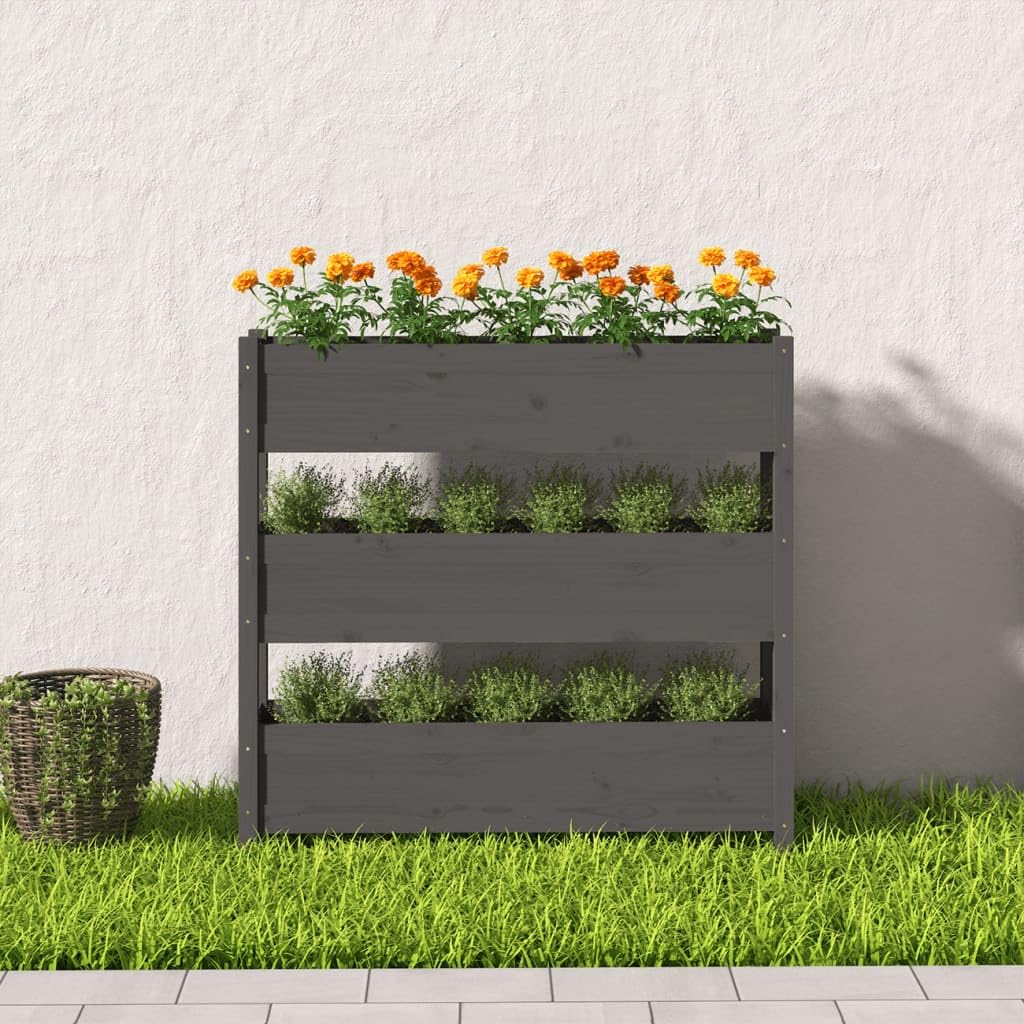 Ogrodnik Drewno Sosna Lita Szary 112x25x104,5 cm | 3 pojemniki do sadzenia, podniesione łóżko na warzywa, stabilna rama na balkon patio