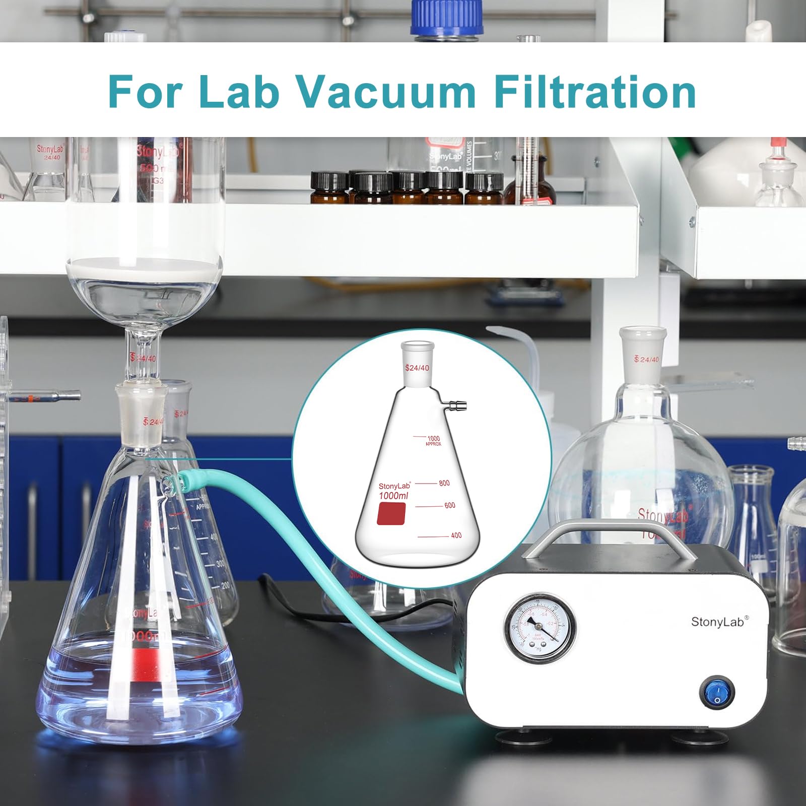 stonylab Filterkolben mit 24/40 Standard Kegel Außengelenk, Schwerwand Borosilikatglas Filterkolben, Bolzenhals mit Tubulation, 1000 ml