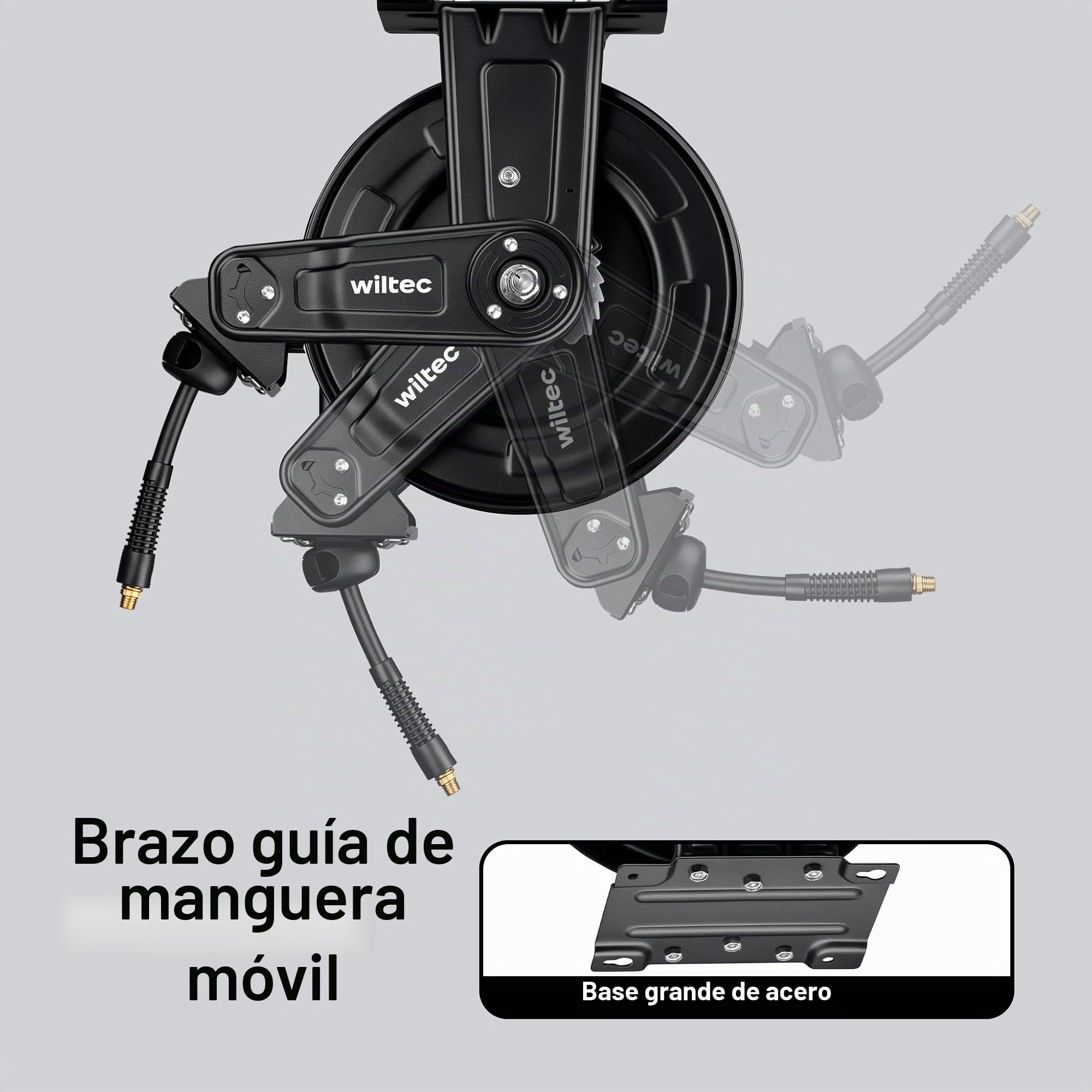 Wiltec Carrete de acero con manguera de aire híbrida 20 m para aire comprimido presión de trabajo hasta 20 bares montaje fácil enrollador automatico de la manguera