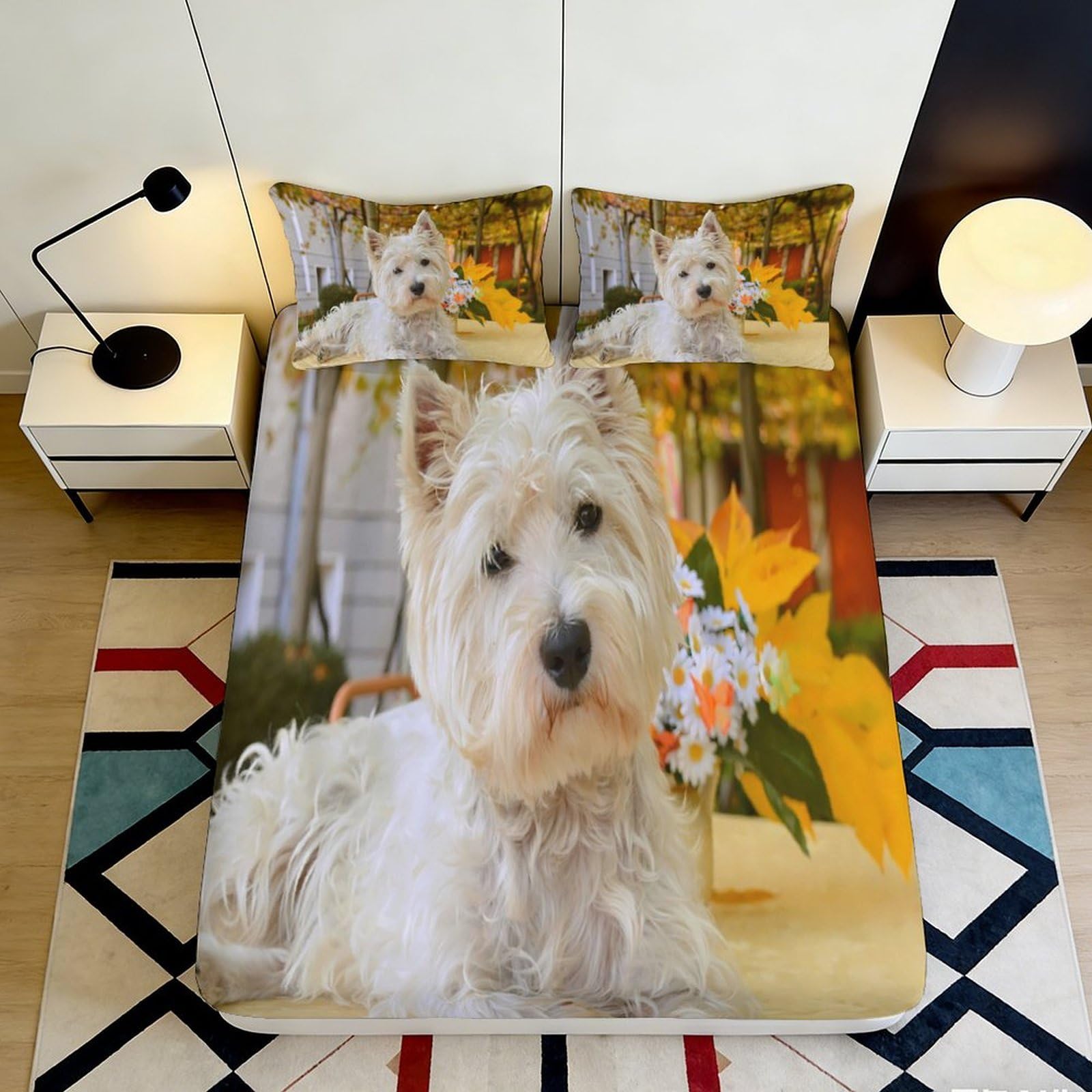 3D Printed Westie Dog Fitted Sheet Microfiber Soft Anti-Slip Bedroom Decor Autumn Flowers Mattress Cover 90x200x25cm