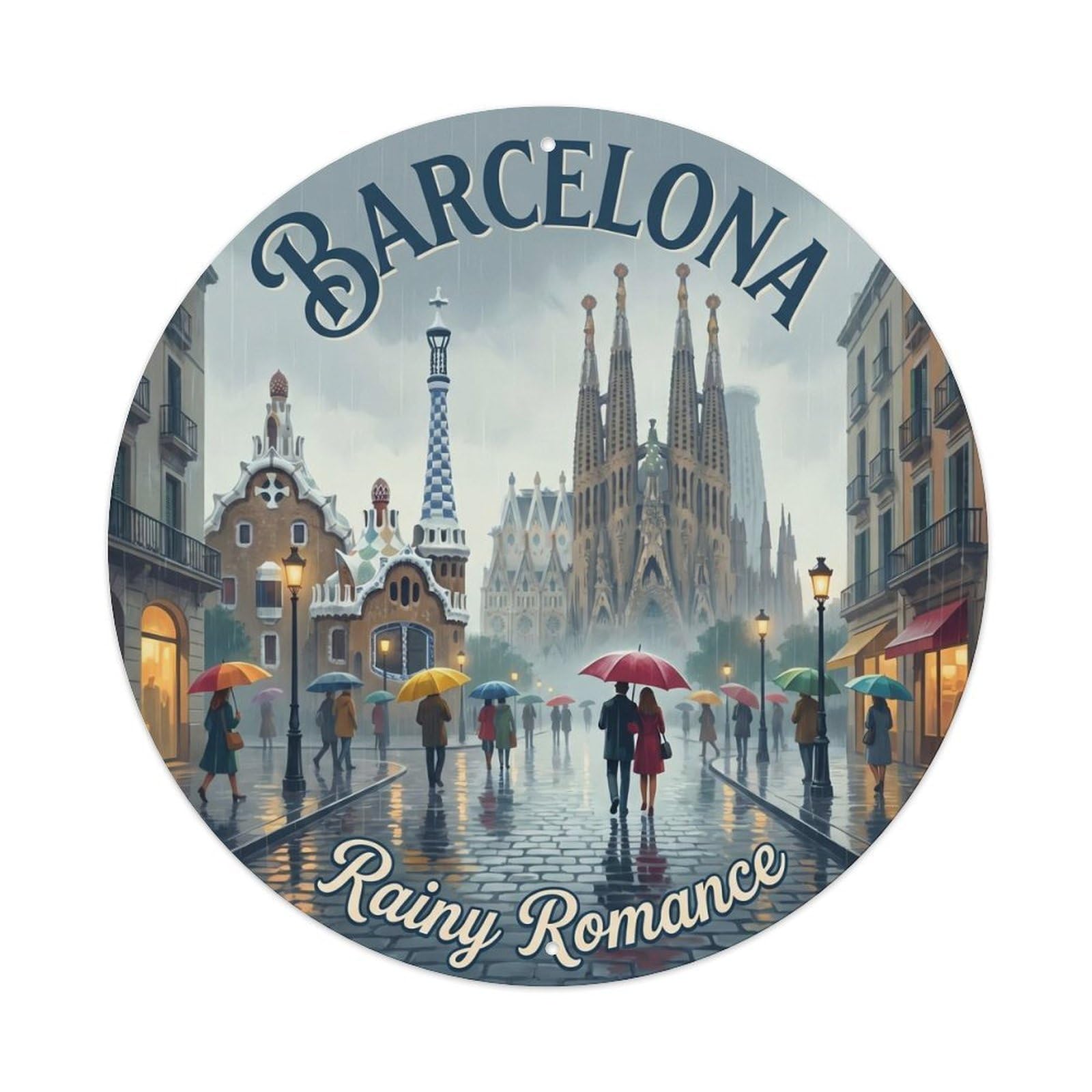 Retro Barcelona Catalan Rain Umbrella Landmark Architecture Metal Tin Sign Plaque Wall Decor for Cafe, Man Cave, Club Bar, Office, Home Garden Round Metal Poster 8x8Inch
