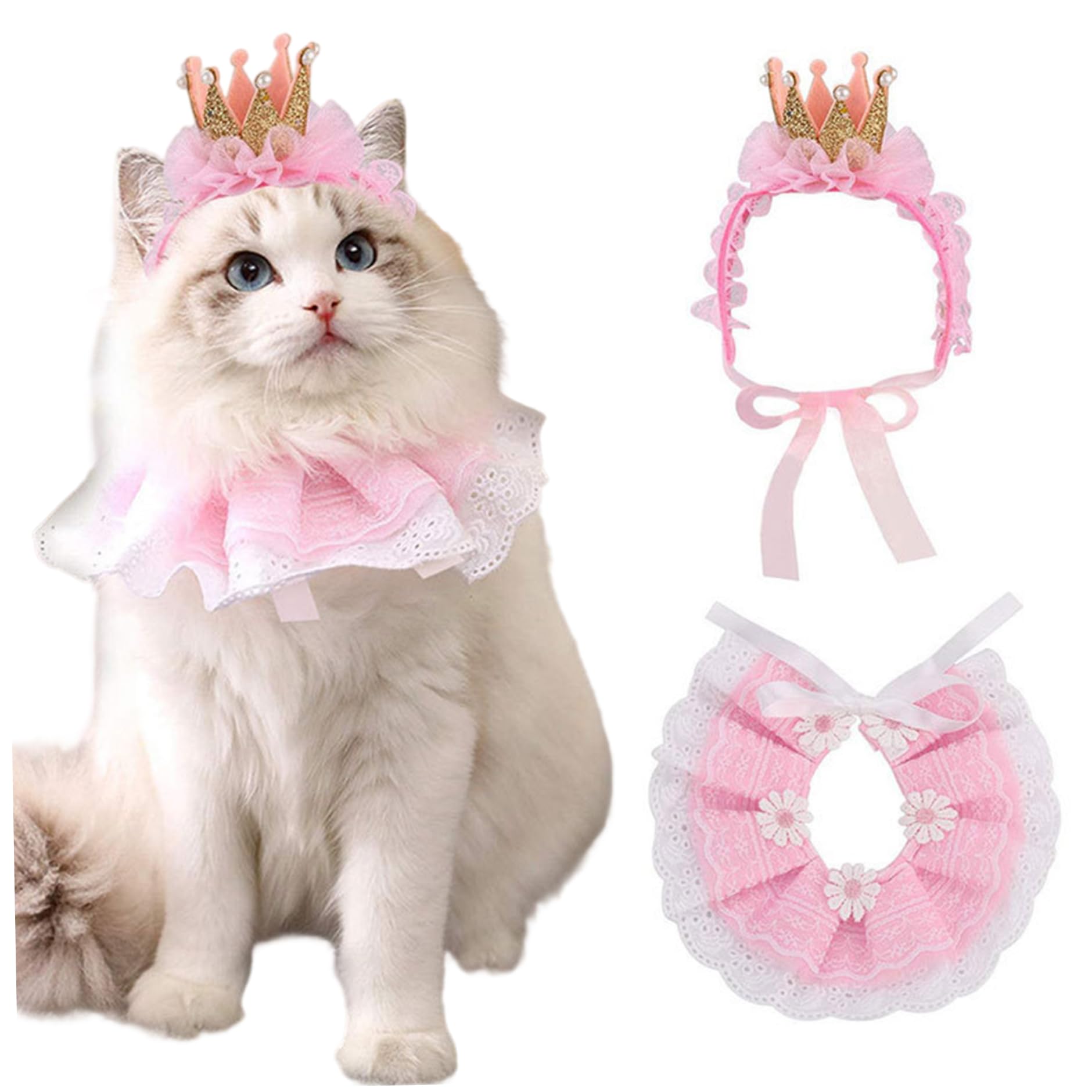 Lace Cat Princess Costume Includes Bandana & Crown Adjustable – Cat Birthday Outfit Skin-Friendly Multi-Purpose Costume for Small Dog