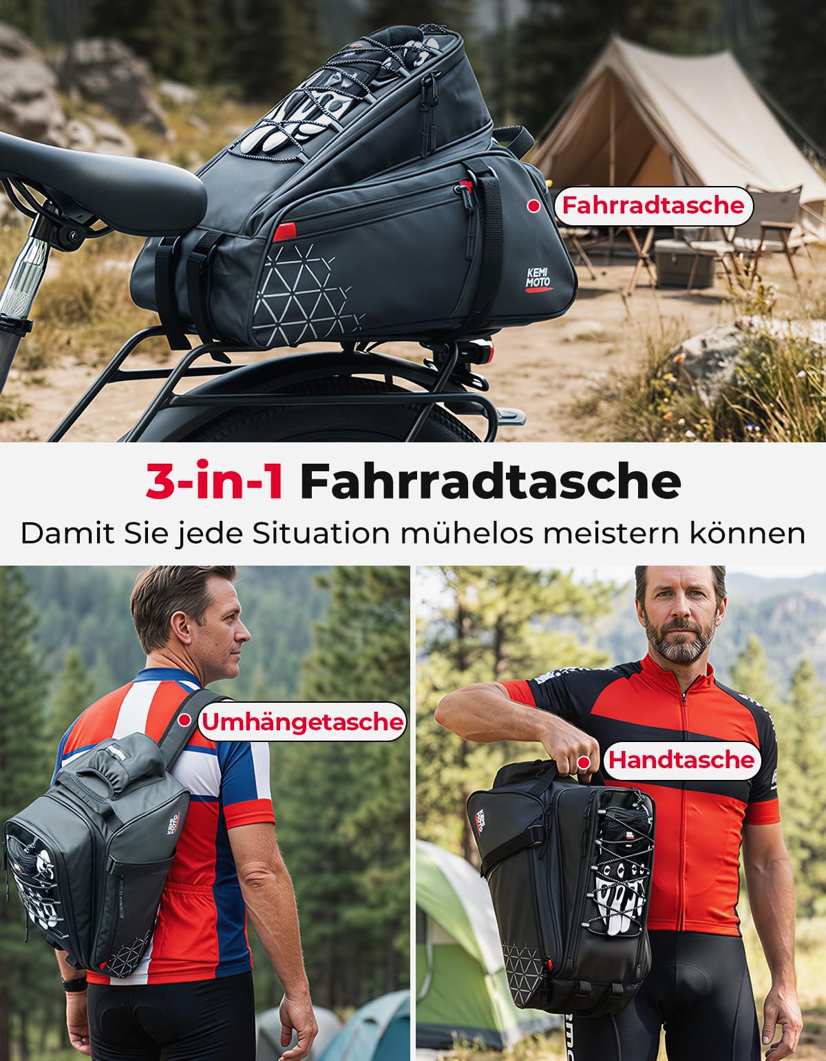 KEMIMOTO 2 IN 1 Gepäckträgertasche, 15L & Wasserabweisende Fahrradtaschen für Gepäckträger, Mehrere Fächer, mit Tragegriff und Schultergurt, Fahrrad Taschen hinten