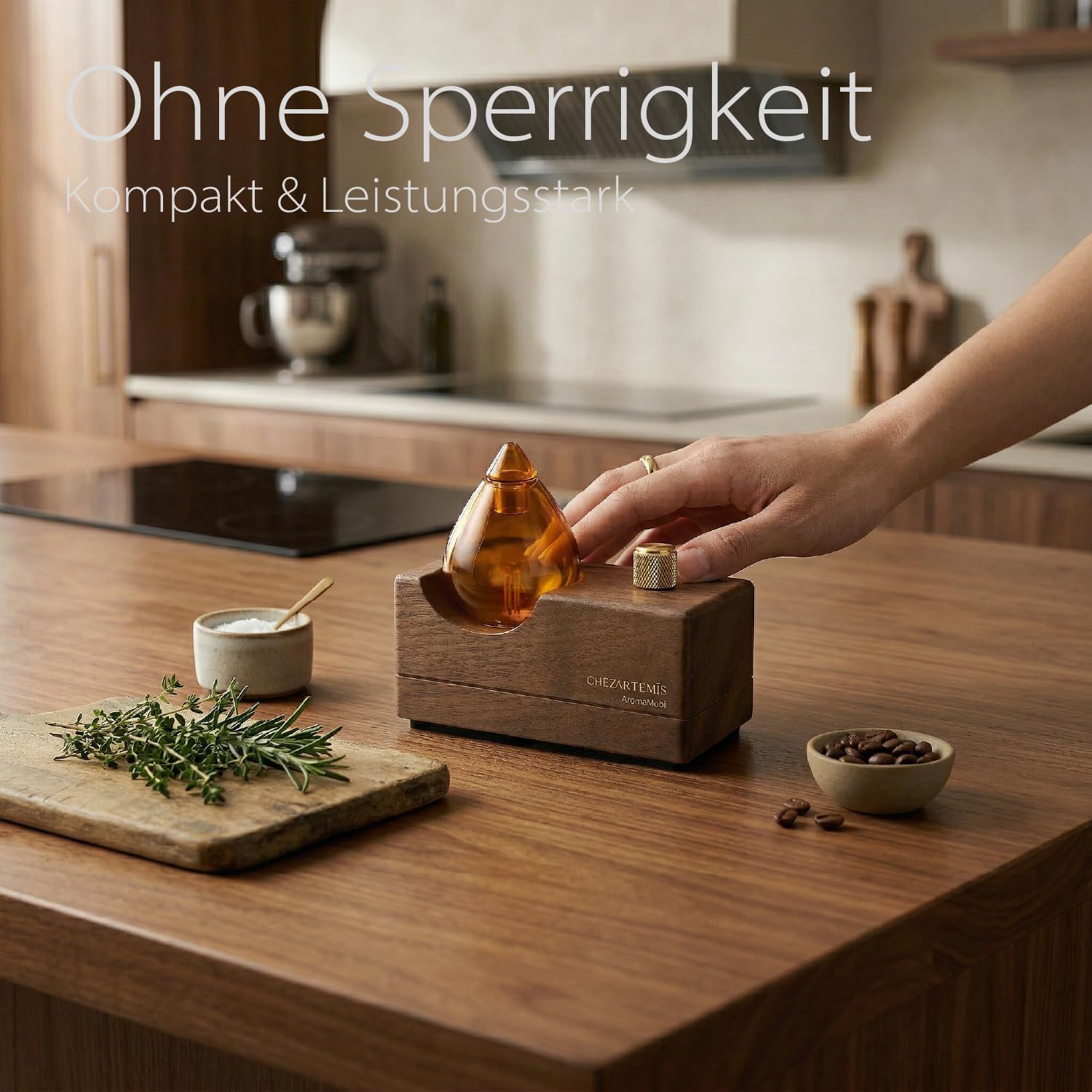 Amber Glas-Diffusor mit Naturholz-Sockel für Aromatherapie, Tragbarer Wasserloser Aroma Diffusor für Zuhause & Reise, Kabelloser Wiederaufladbarer Duftvernebler mit Timer & 4 Modi, Geschenkfertig