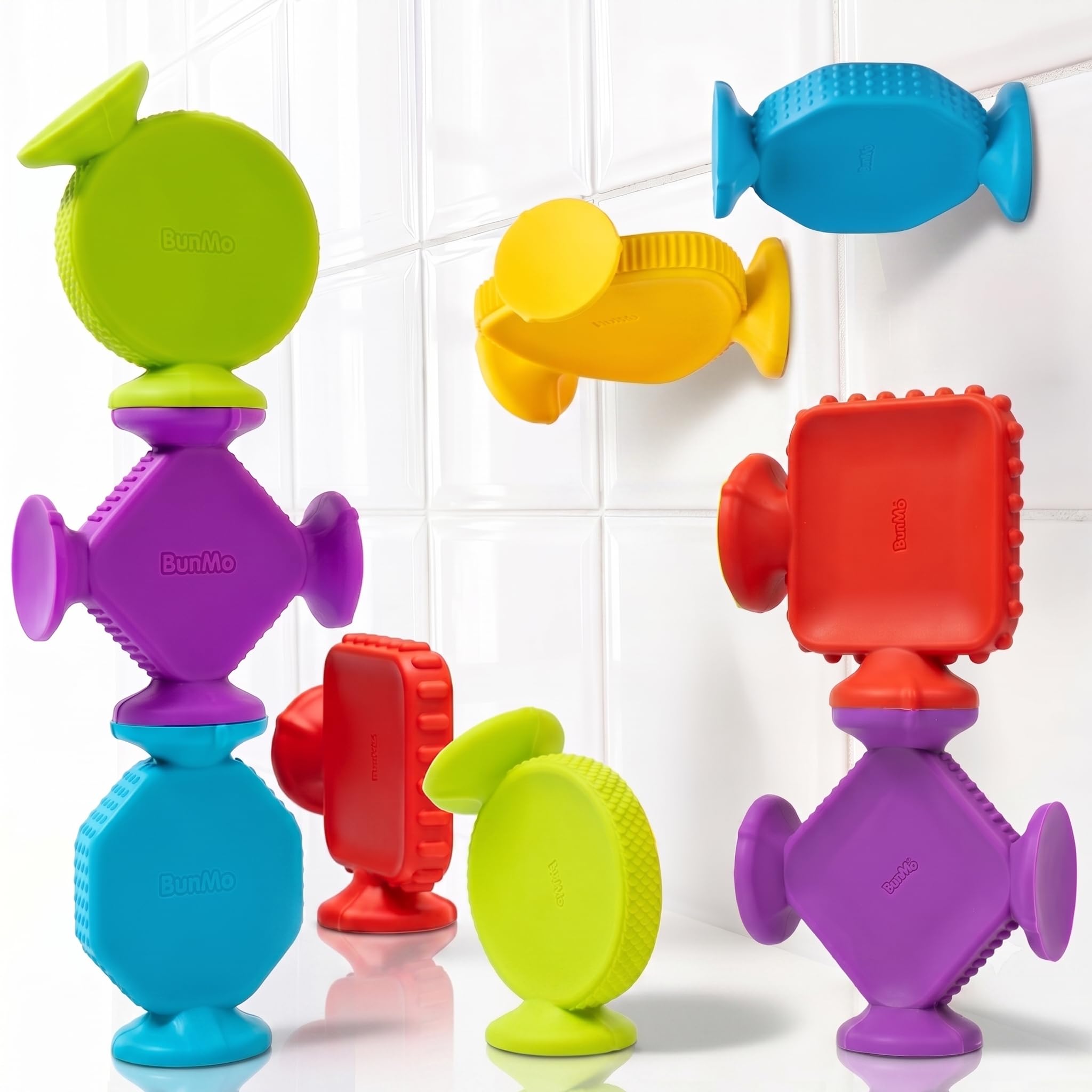 BUNMO Bath Toys for Toddlers - Connect, Build, Create - Suction Bathtub Toys - Hours of Fun &amp; Creativity - Fine Motor Skills - Stimulating Sensory Toys - Babies Ages 1+ 2, 3 - Extra Large 10 Pack