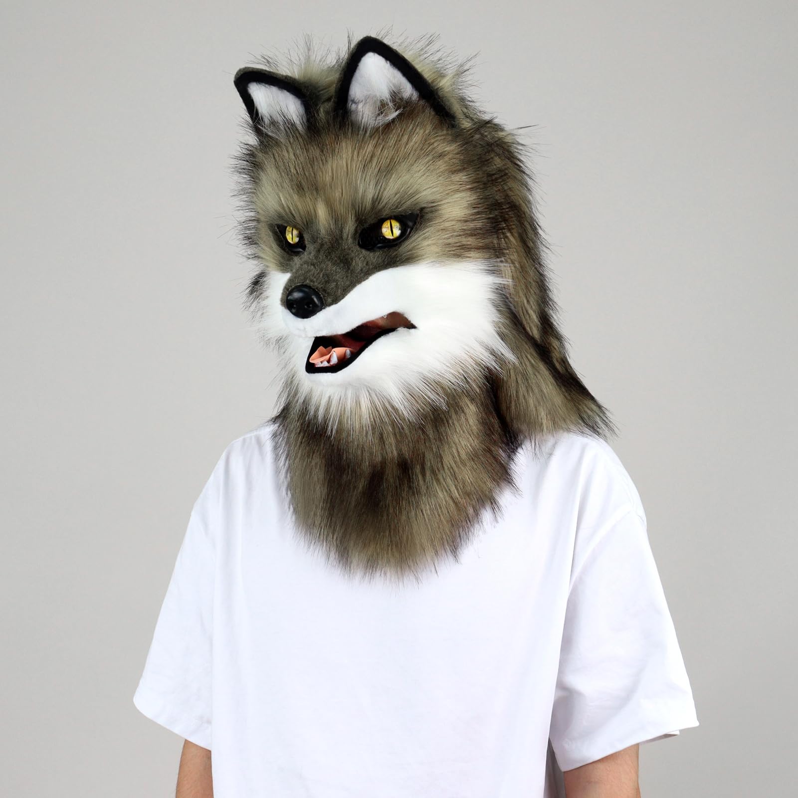 PPFINE Animal Faux Fur Wolf Dog Furry Full Head Mask Cosplay Costume Accessories for Halloween Party, Grassyellowwhite - Image 2