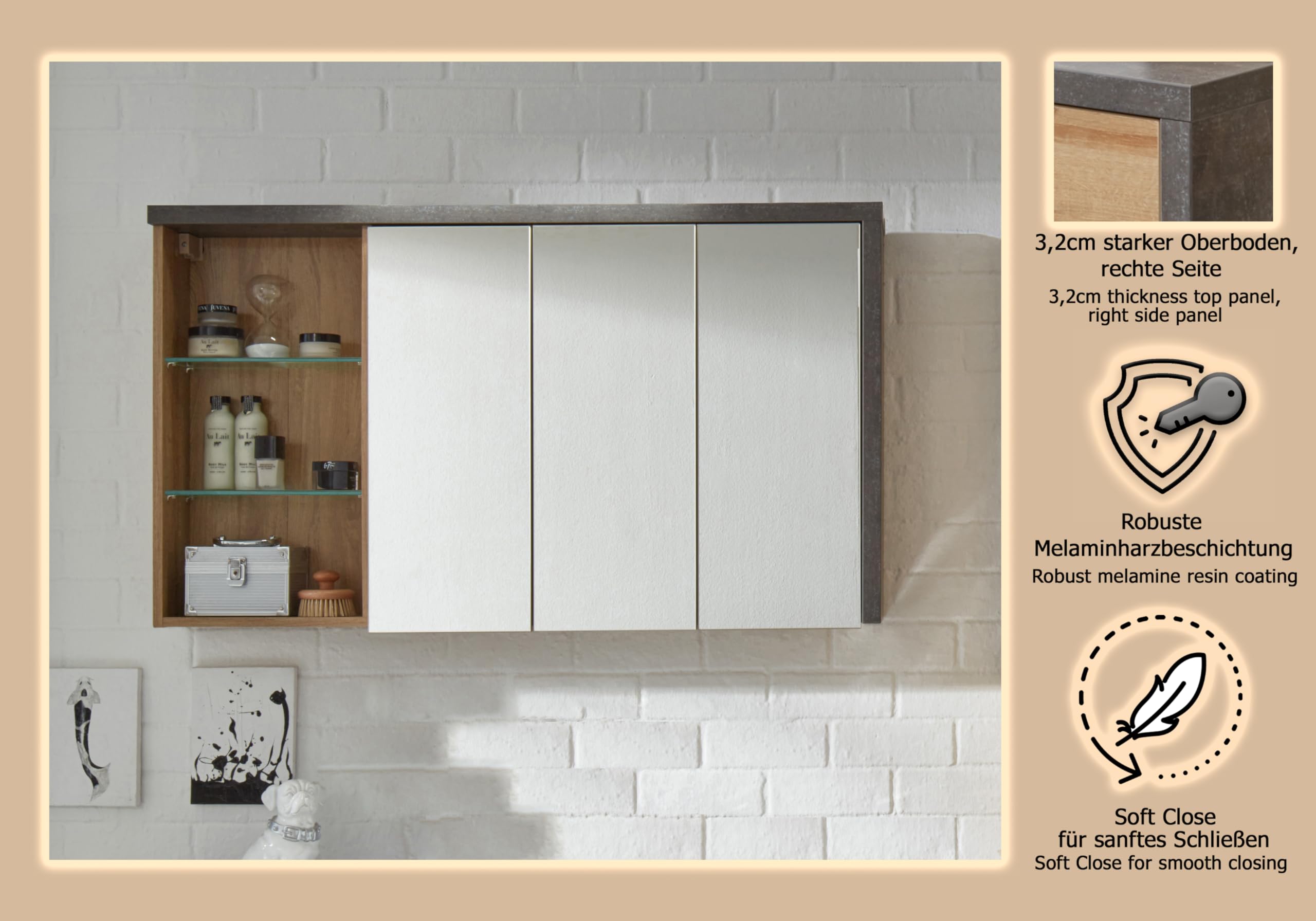 trendteam smart living - Bay - Spiegelschrank - Eiche Riviera/Beton dunkel - moderner Badezimmerspiegel mit 3 offenen Fächern - (BxHxT) 123 x 71 x 18 cm - kratzfest | B 123 x H 71 x T 18 cm · Soft-Close-Dämpfer · feuchtraumgeeignet · 2 Glasböden · optiona