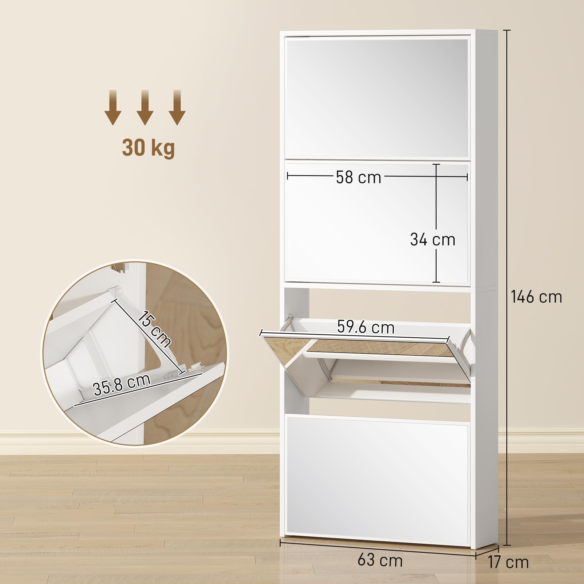 HOMCOM Scarpiera Salvaspazio Slim con Maniglia, per 12 Paia, Bianco | 4 Ante a Ribalta a Specchio, Scarpiera Ingresso, Piano Superiore, Porta Scarpe, 63x17x146 cm,