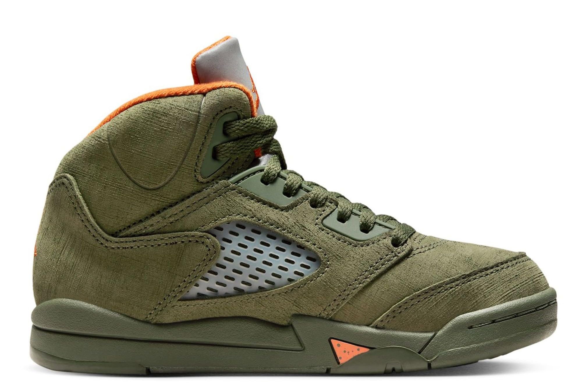 NIKE Preschool Air Jordan 5 Retro 'Olive' Army Olive/Solar Orange (440889 308) PS Little Kids Shoe, White/Gym Red-black