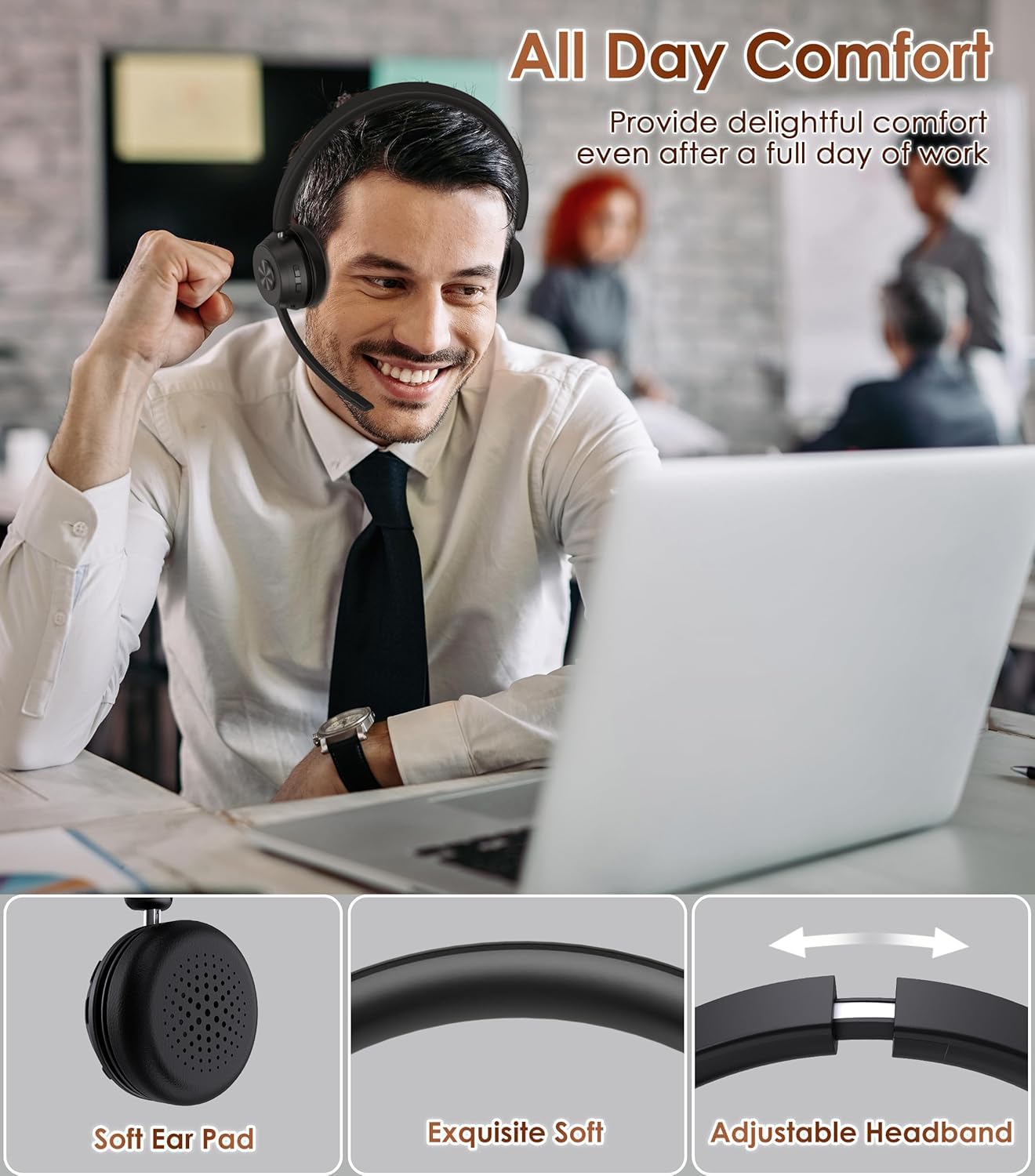 Soothielec Bluetooth Headset, Kabelloses Headset mit Mikrofon mit Geräuschunterdrückung, bestes Headset mit Mikrofonstummschaltung und USB-Dongle für PC/Computer/Laptop/Handys/Fernarbeit/Call Center