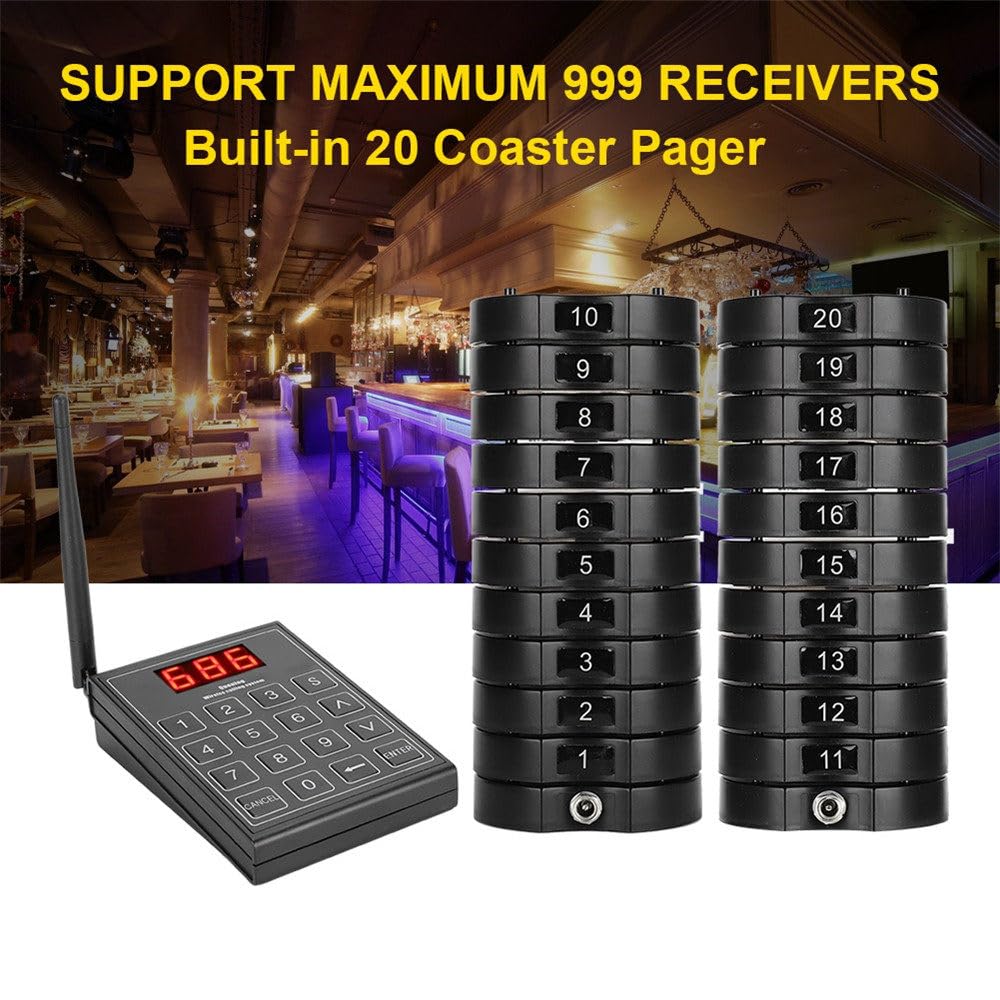 Localizador Inalámbrico para Clientes de Restaurantes,1 Teclado Emisor+10/20/30 Localizador Posavasos, Asistente para Recoger la Comida,30Pagers