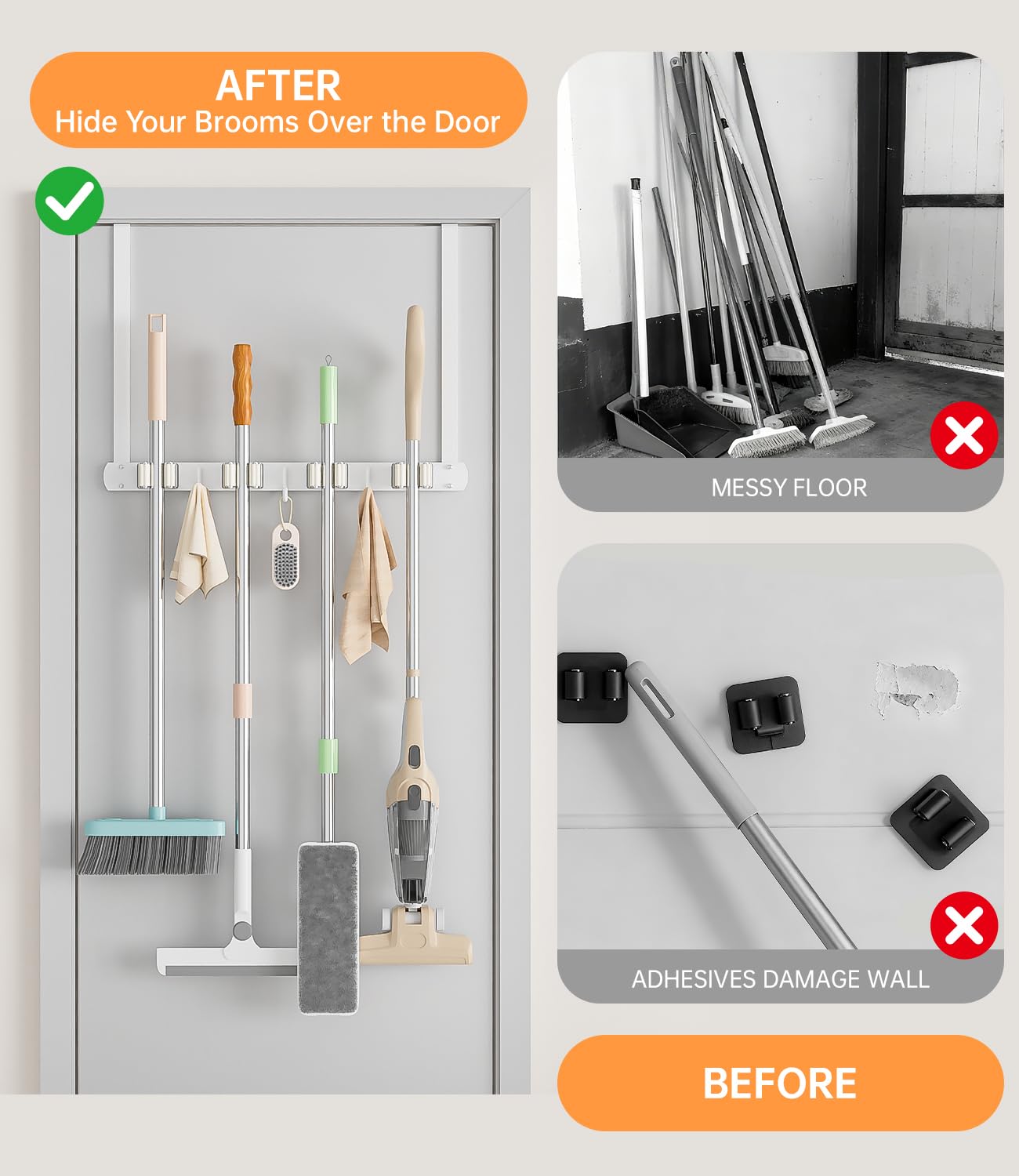 Over-the-Door Broom Holder with Hooks - Stainless Steel -2
