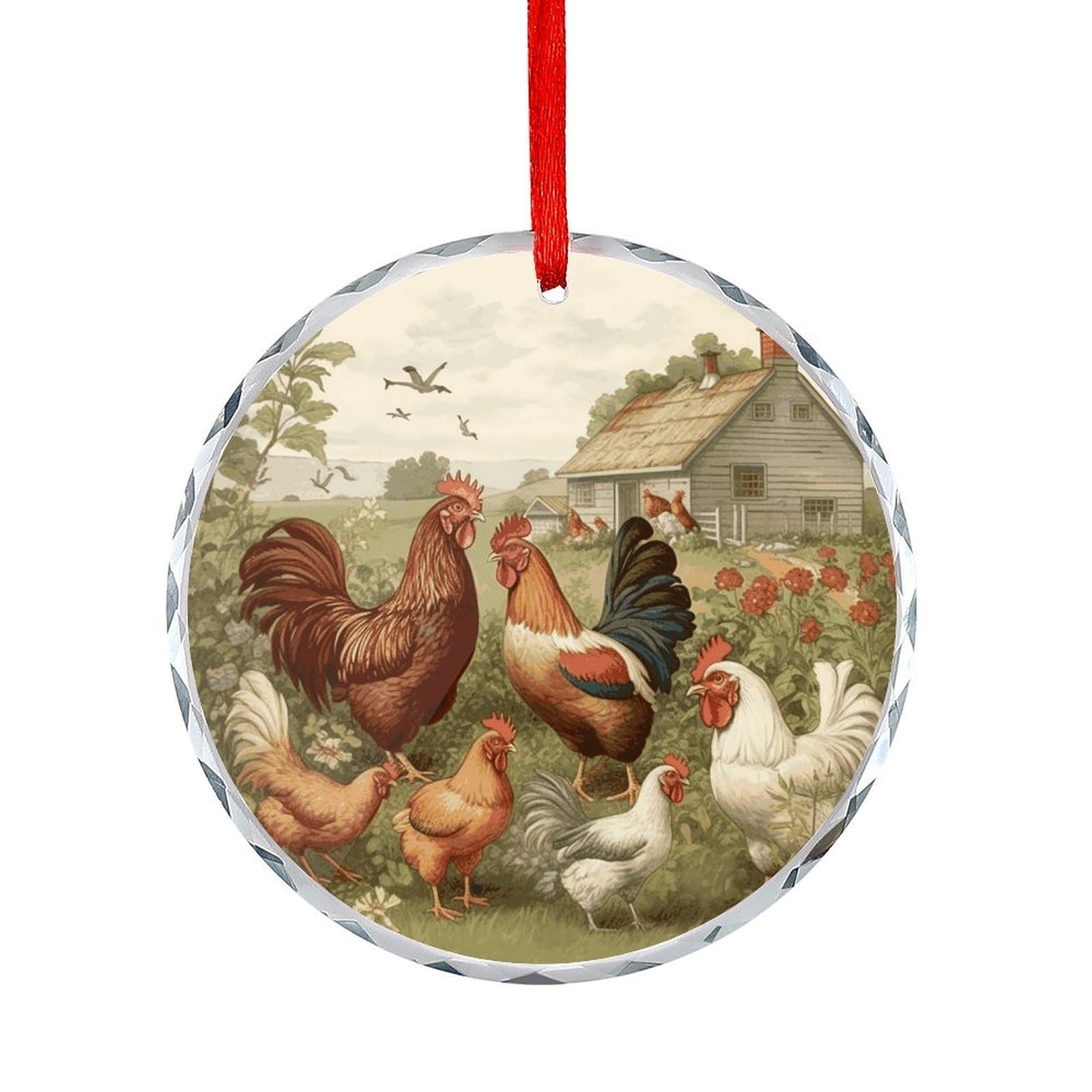 Btcowzrv Style Chickens And Farm Round Ornament Hanging Pendant Decor