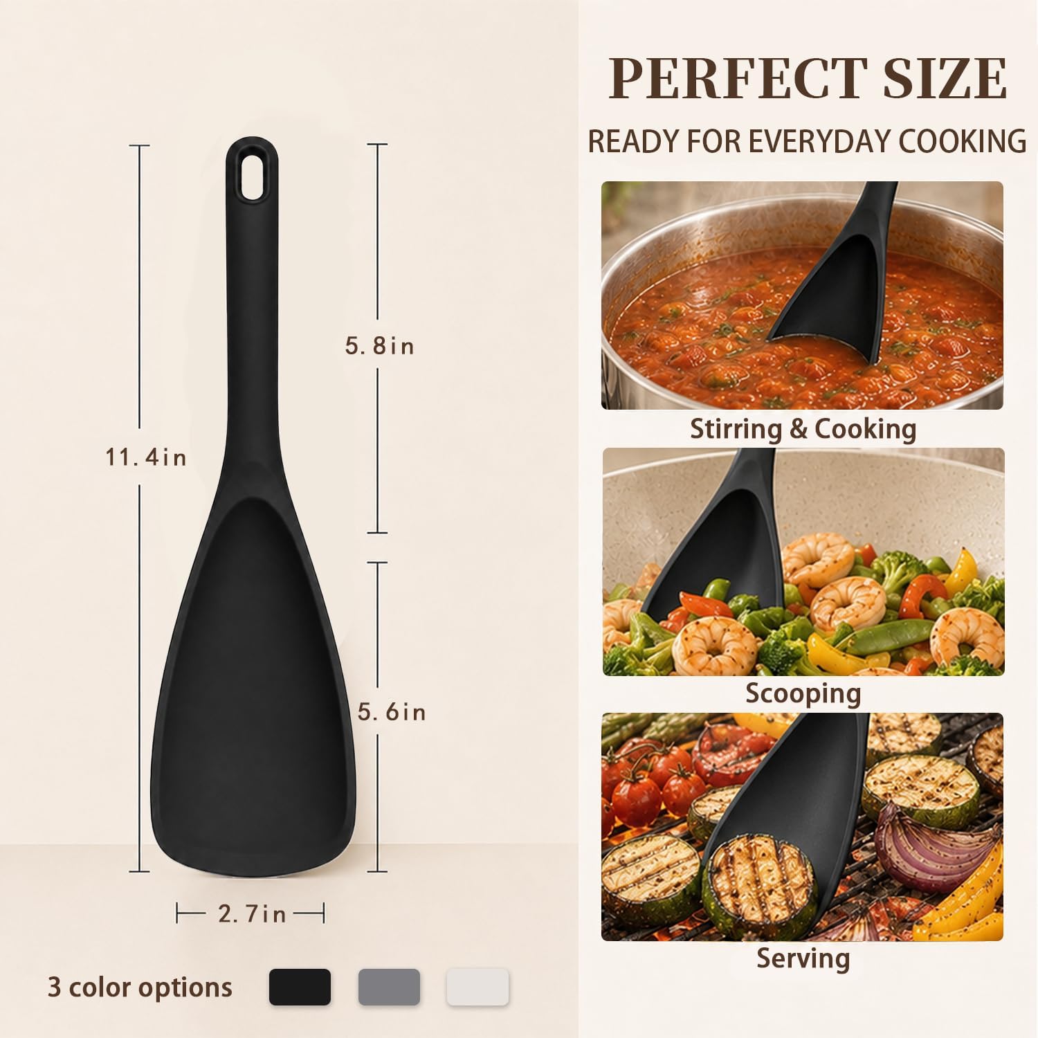 3 Pack Cooking Spoon for Nonstick Cookware, One-Piece Matte Silicone Spatula Spoon, BPA-Free Multifunctional Utensil for Mixing, Scraping, Scooping, Serving, Dishwasher Safe