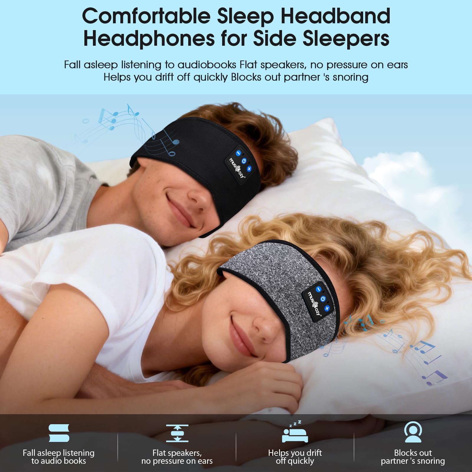 Confezione da 2 cuffie per dormire sul fianco, comode cuffie Bluetooth v5.4 con altoparlanti ultra sottili, cuffie per dormire ultra morbide per bloccare il russare, rimanere in posizione, 16 ore di