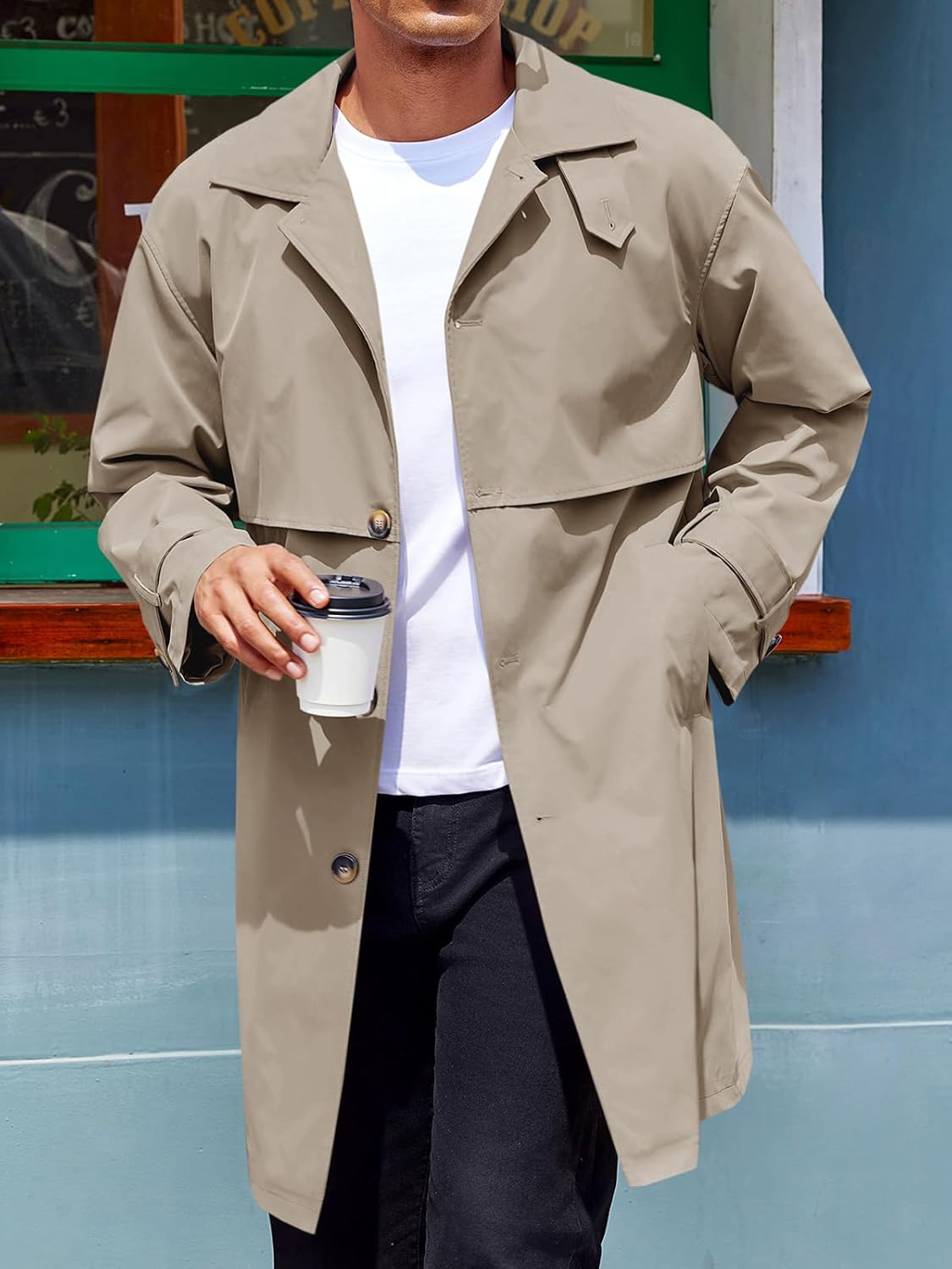 Runcati Mens Trench Coat Single Breasted Slim Fit Mid Long Jackets Casual Fall Windbreaker Overcoat - Image 2