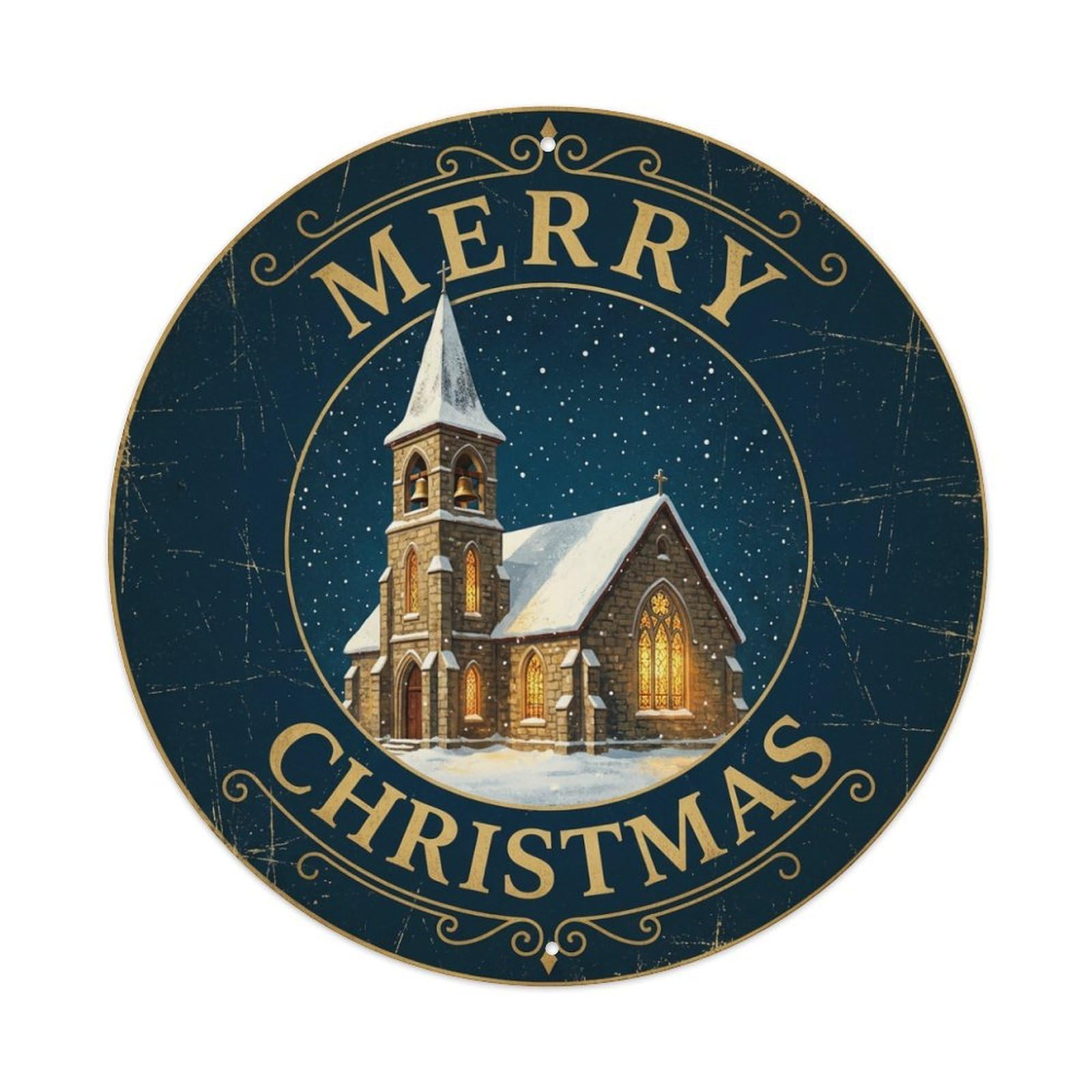 Merry Christmas Snowy Church Bells Metal Tin Sign