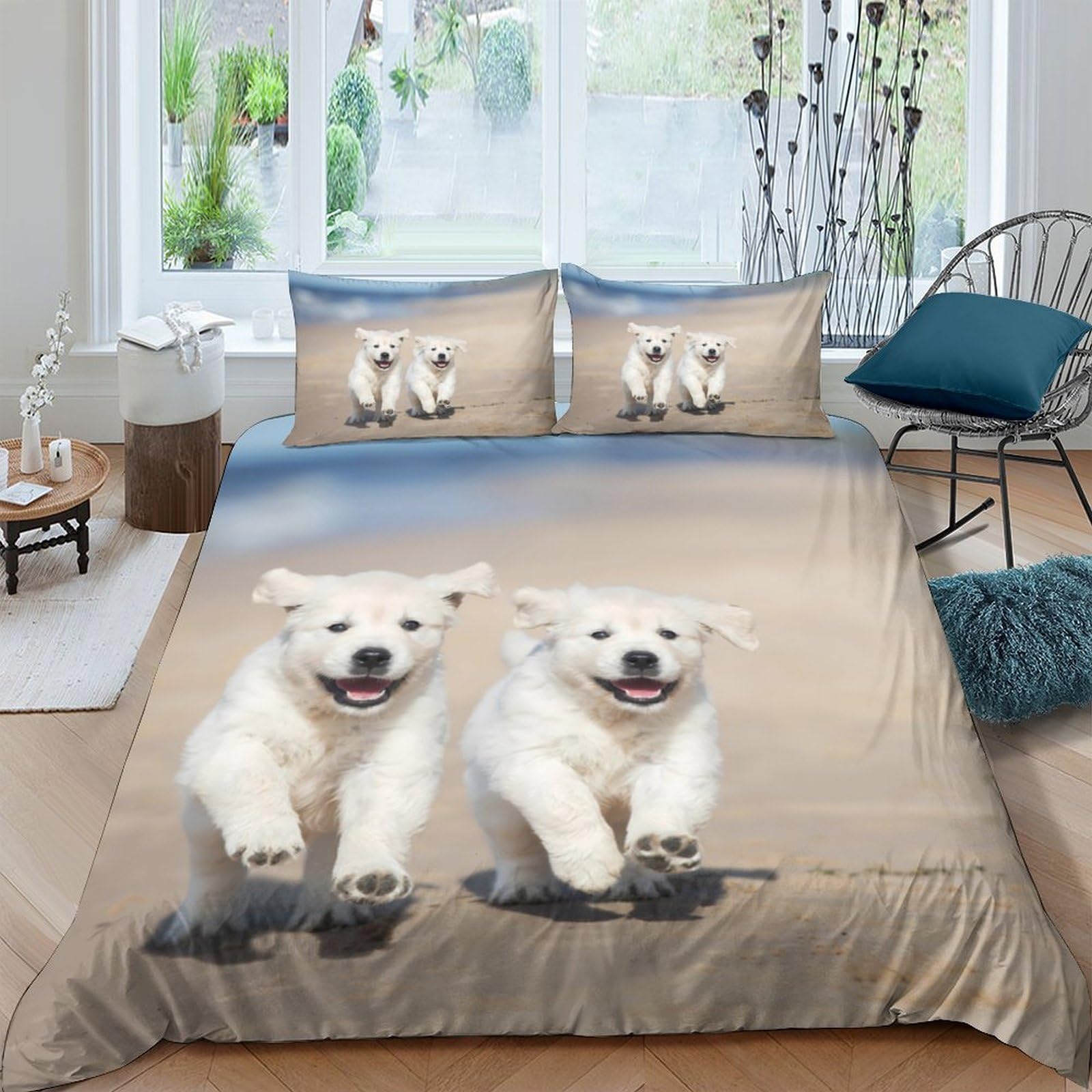 Ctjqhvkz Style-6 3D Printed Playful White Puppies Fitted Sheet Microfiber Soft Anti-Slip Dog Bed Cover Bedroom Decor Machine Washable Single（135X200cm）