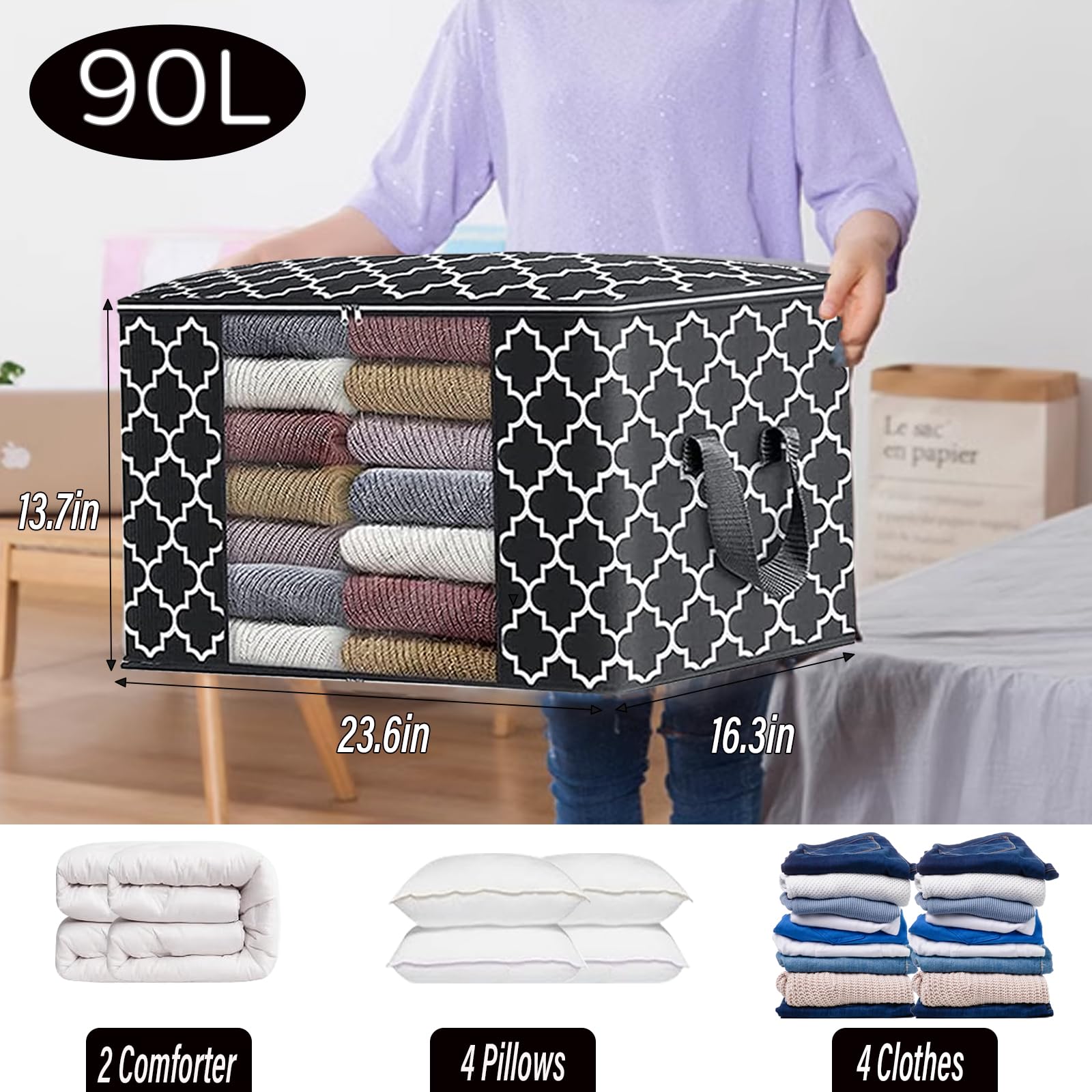 90L Large Storage Bag,2Pack Foldable Lanket Storage Bags Clothes Organization and Storage Containers for Bedding with Reinforced Handle,Clear Window,Sturdy Zippers(Black)