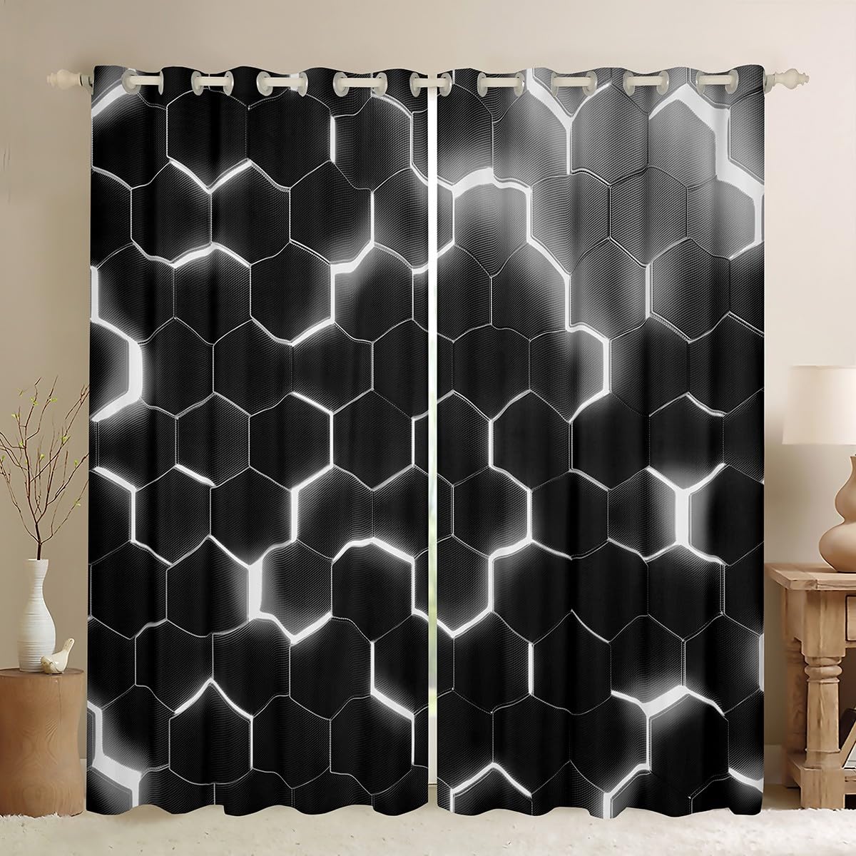 Homewish White Honeycomb Blackout Curtains 46 x 54 Inch - Modern Hexagonal Pattern Eyelet Curtains for Living Room Bedroom Dorm - Neon Geometric Room Darkening Window Drapes 2 Panels — image 1