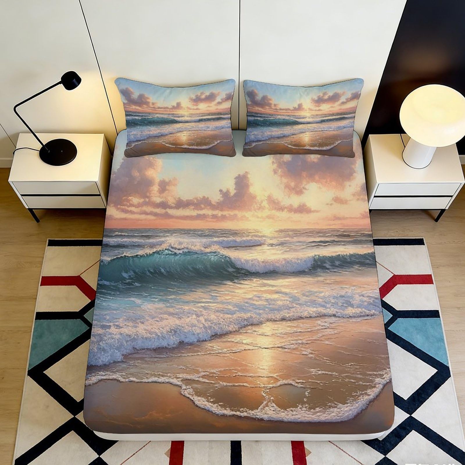 3D Printed Sunset Beach Wave Fitted Sheet Microfiber Soft Breathable Ocean View Bed Cover for Bedroom Dormitory Guest Room Mattress Protection 90x200x25cm