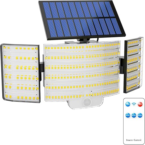 JJX Luces solares para exteriores, 3000 lúmenes, 238 LED, 1 paquete de 3 cabezales con sensor de movimiento, luces para exteriores, 6500 K, IP65,