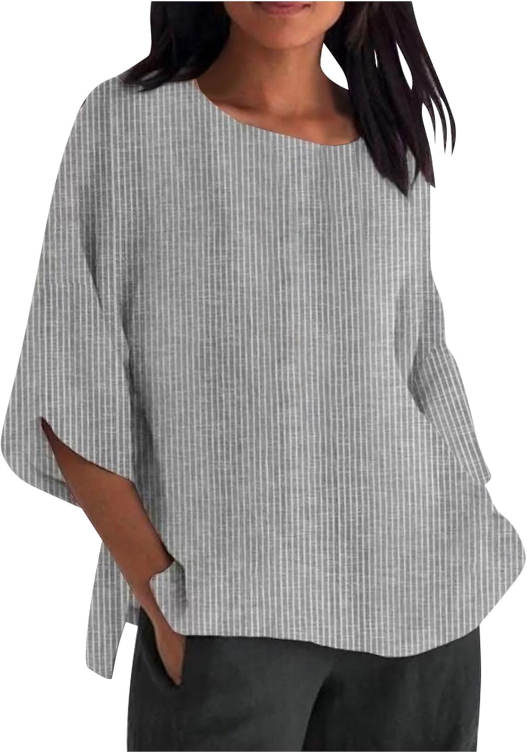 Cotton Linen Shirts for Women Striped 3/4 Sleeve Tops Summer Casual Round Neck Pullover Blouse Ladies Tunic Tshirt