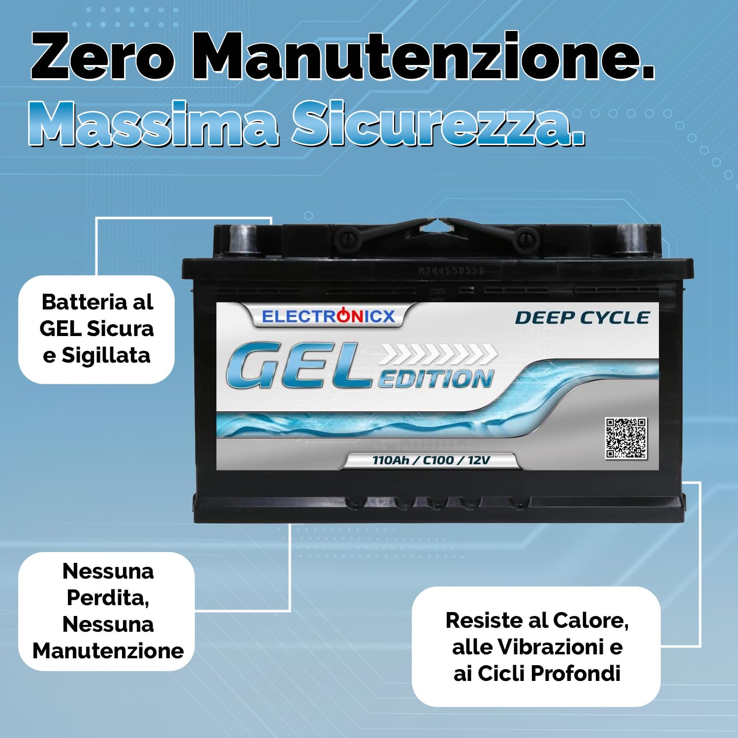 Electronicx Batteria di alimentazione GEL 12V 110Ah – Batteria GEL Deep Cycle 110 AH per camper, van, barca e impianto solare. Dimensioni: 315×175×190mm, riempita e carica, polo positivo a destra