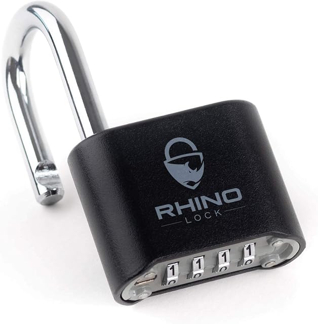 Rhino Lock Secure Lock - Black 4 Digit Combination Padlock for Gym, School & Work Lockers; Coded and Suitable for Outdoor Use with Fences, Hasps, Sheds & Toolboxes (UK Brand)